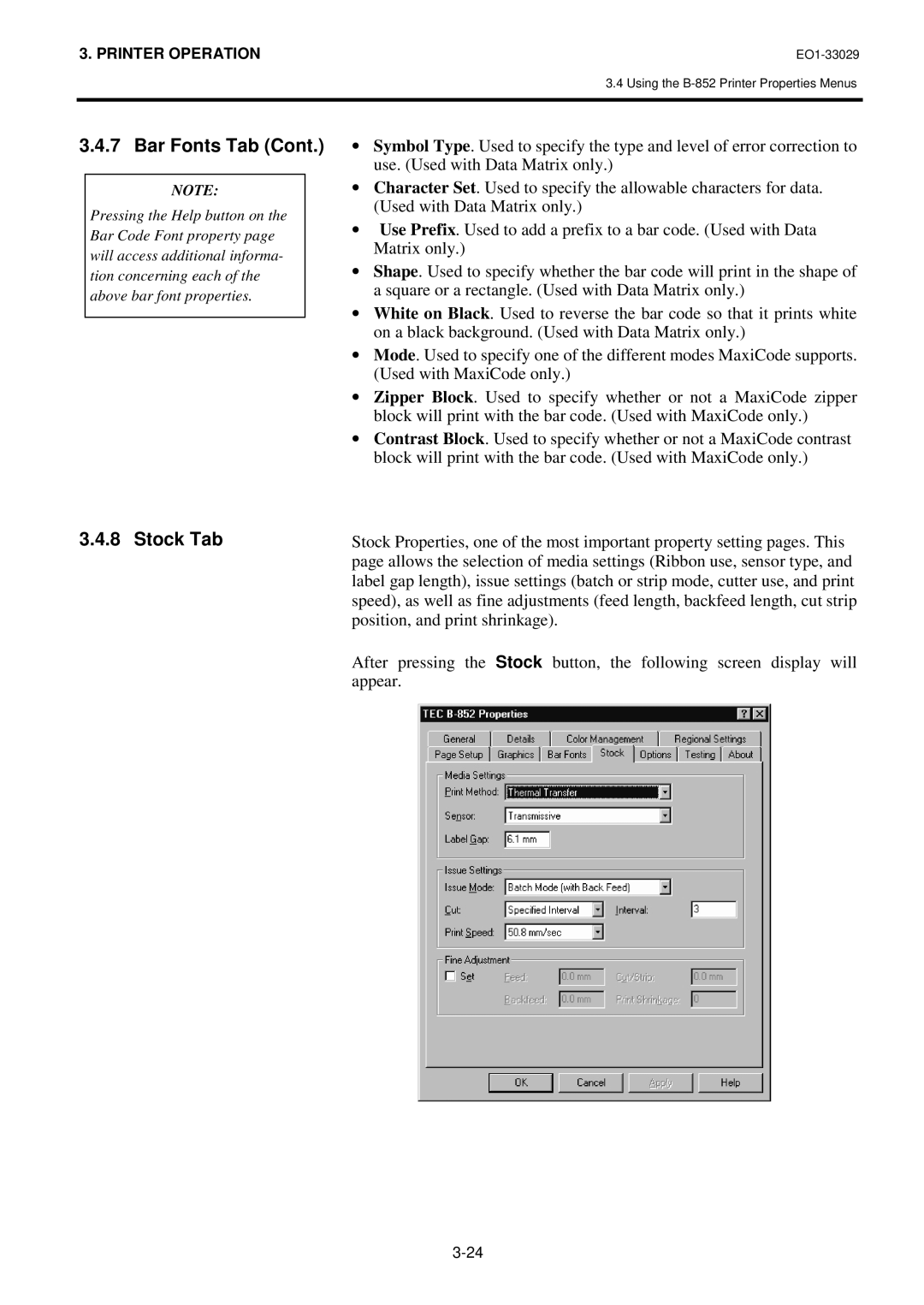 Toshiba B-850 owner manual Bar Fonts Tab, Stock Tab 