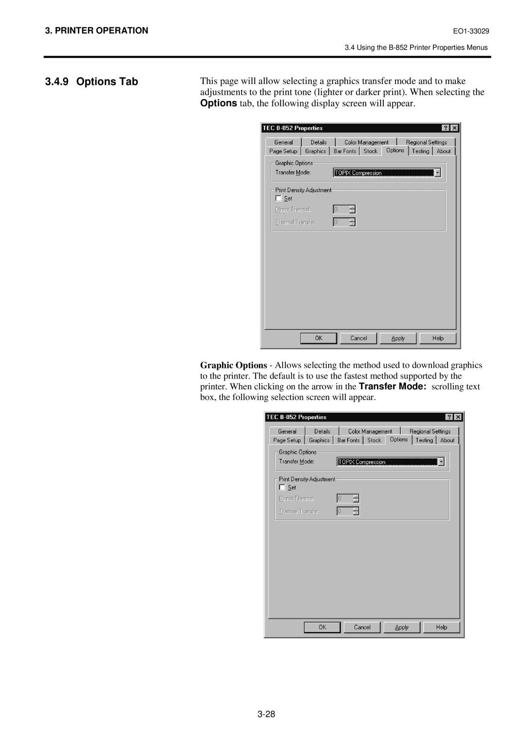 Toshiba B-850 owner manual Options Tab, Options tab, the following display screen will appear 