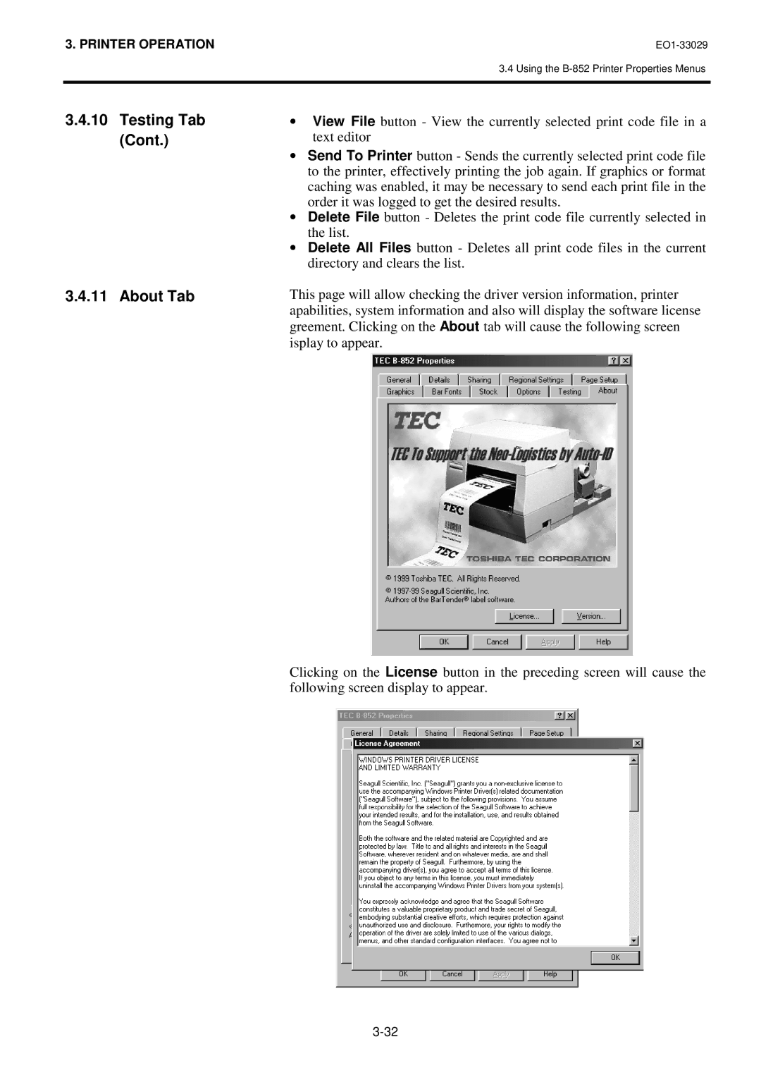 Toshiba B-850 owner manual Testing Tab About Tab 