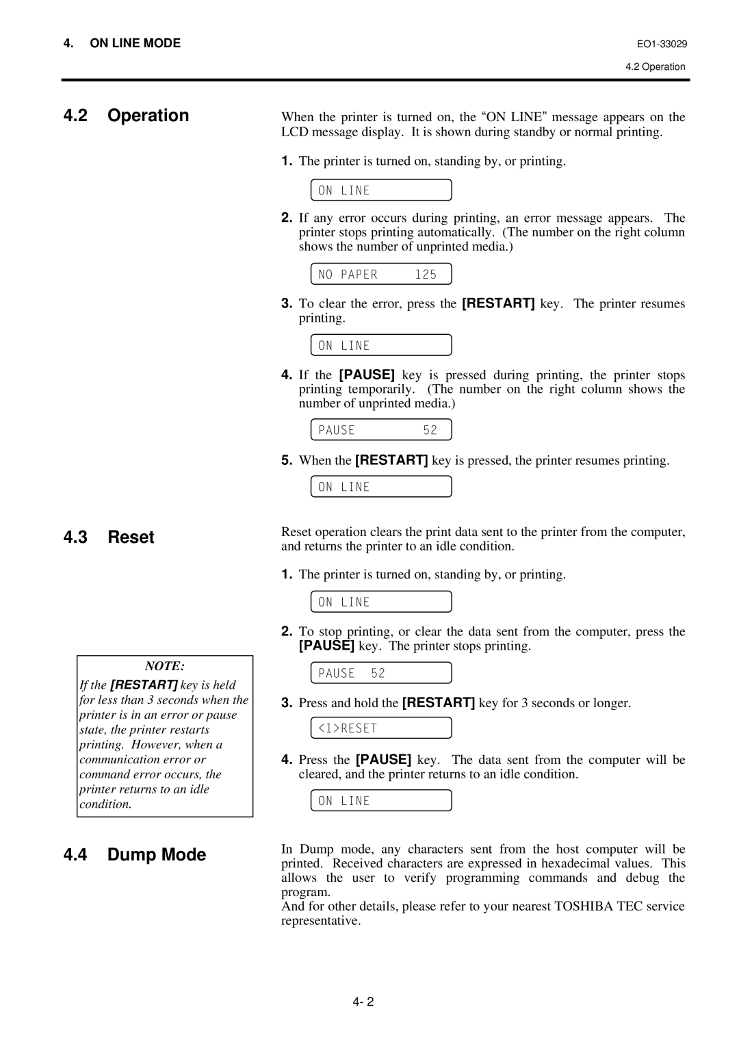 Toshiba B-850 owner manual Operation Reset, Dump Mode 