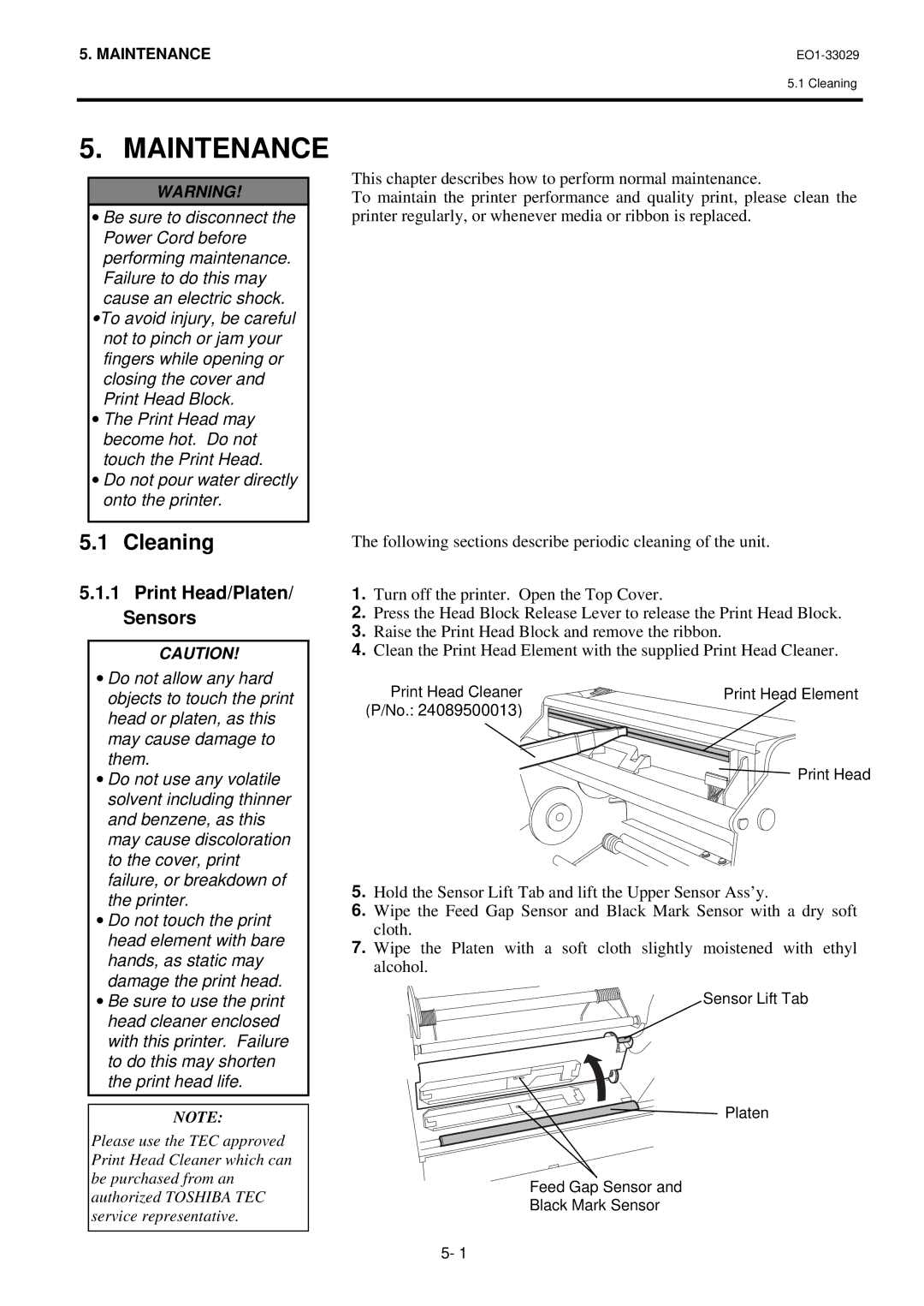 Toshiba B-850 owner manual Maintenance, Cleaning, Print Head/Platen/ Sensors 