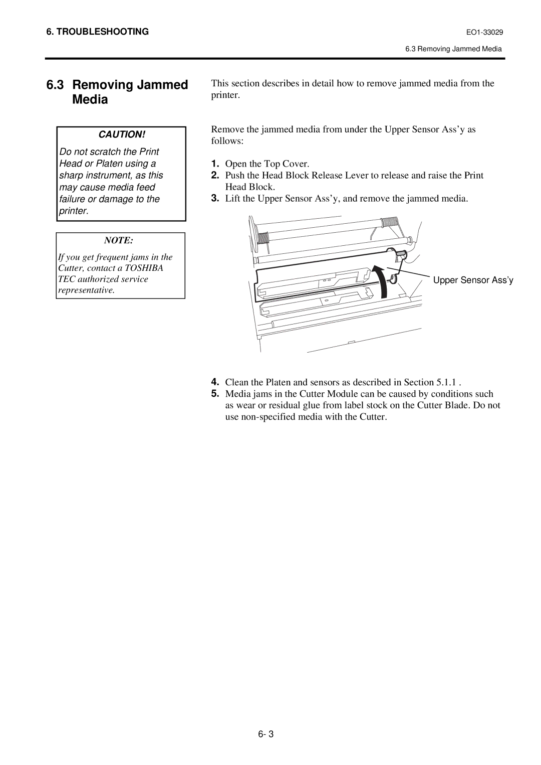 Toshiba B-850 owner manual Removing Jammed Media 