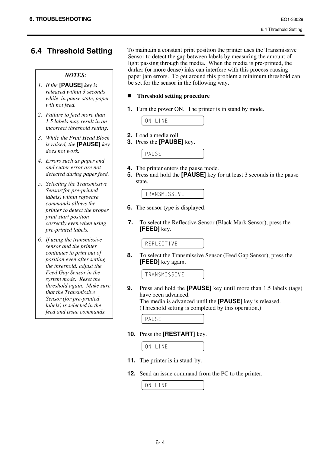 Toshiba B-850 owner manual Threshold Setting, „Threshold setting procedure, Feed key 