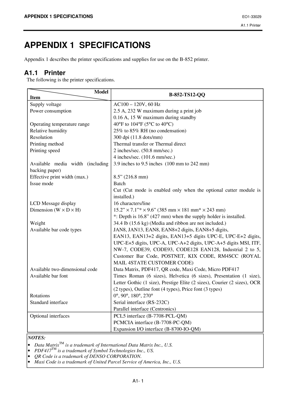 Toshiba B-850 owner manual Appendix 1 Specifications, A1.1 Printer, Model 852-TS12-QQ 