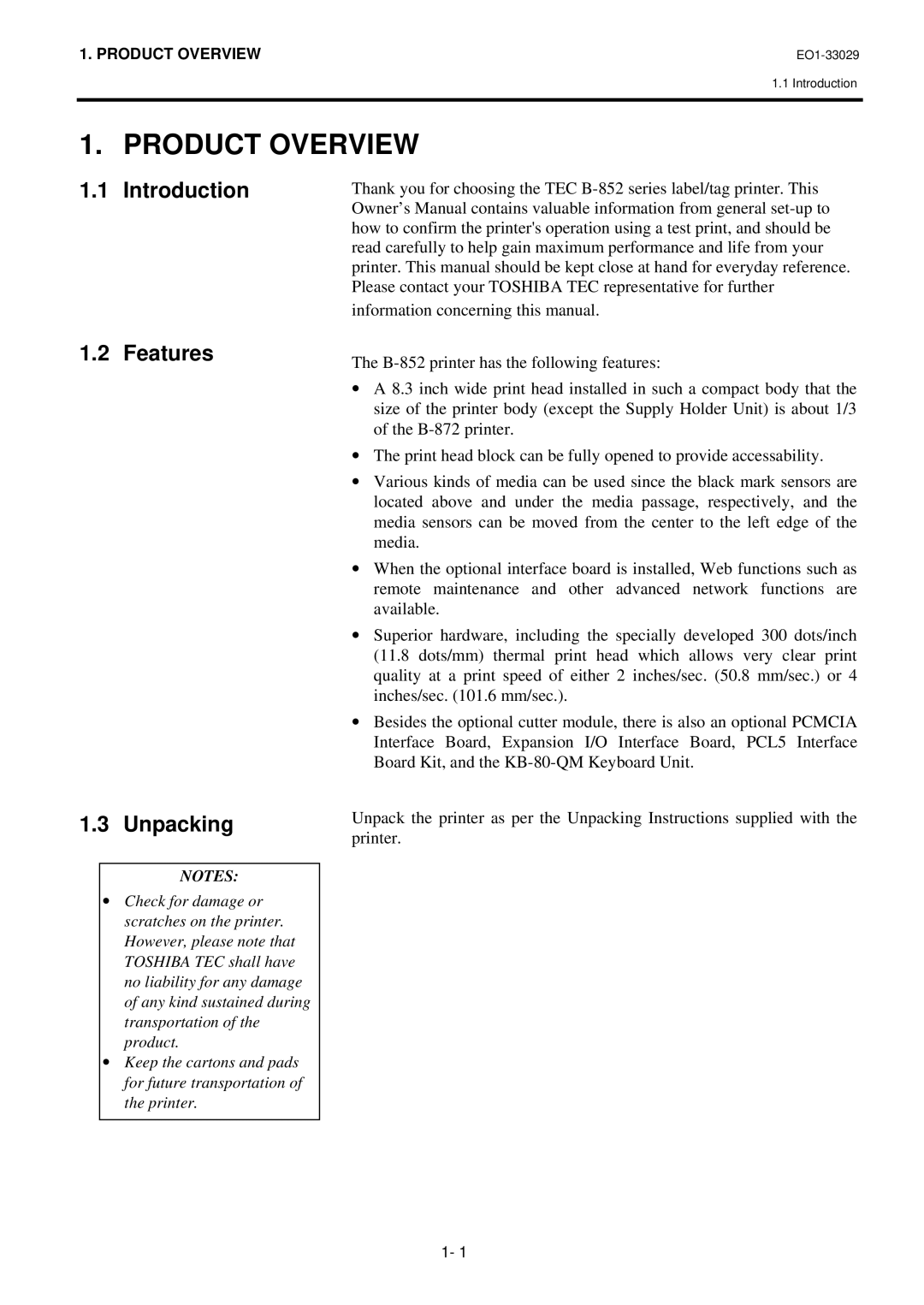 Toshiba B-850 owner manual Product Overview, Introduction, Features Unpacking 