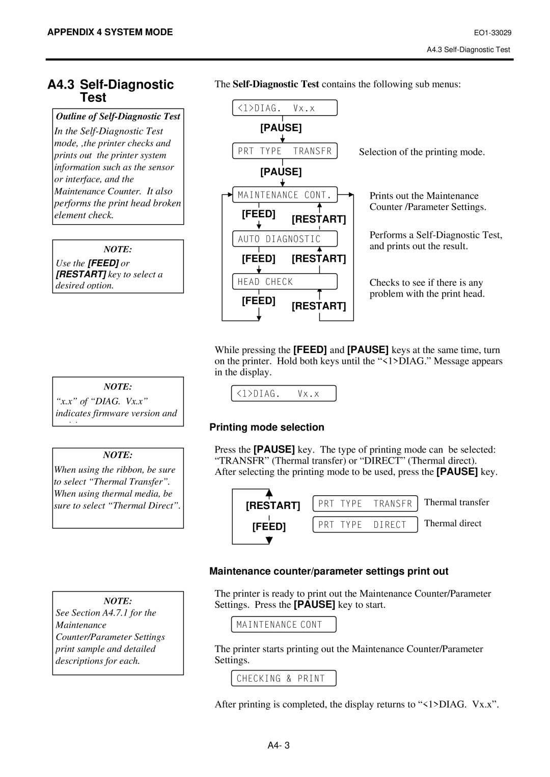 Toshiba B-850 A4.3 Self-Diagnostic Test, Printing mode selection, Maintenance counter/parameter settings print out 