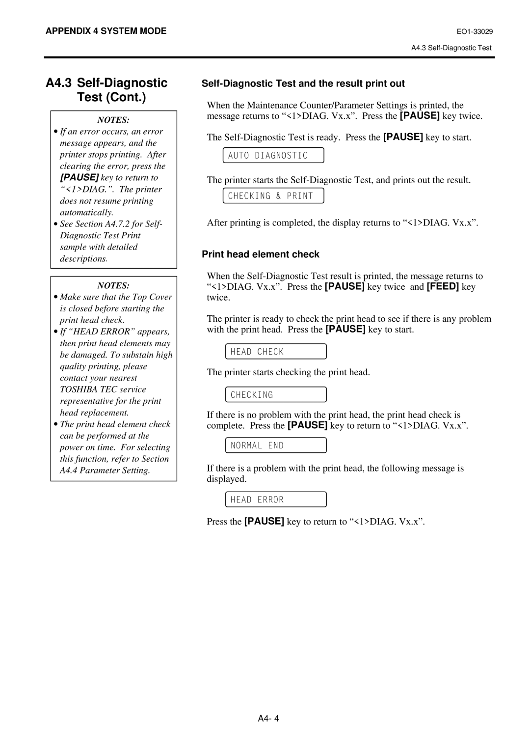 Toshiba B-850 owner manual Self-Diagnostic Test and the result print out, Print head element check 