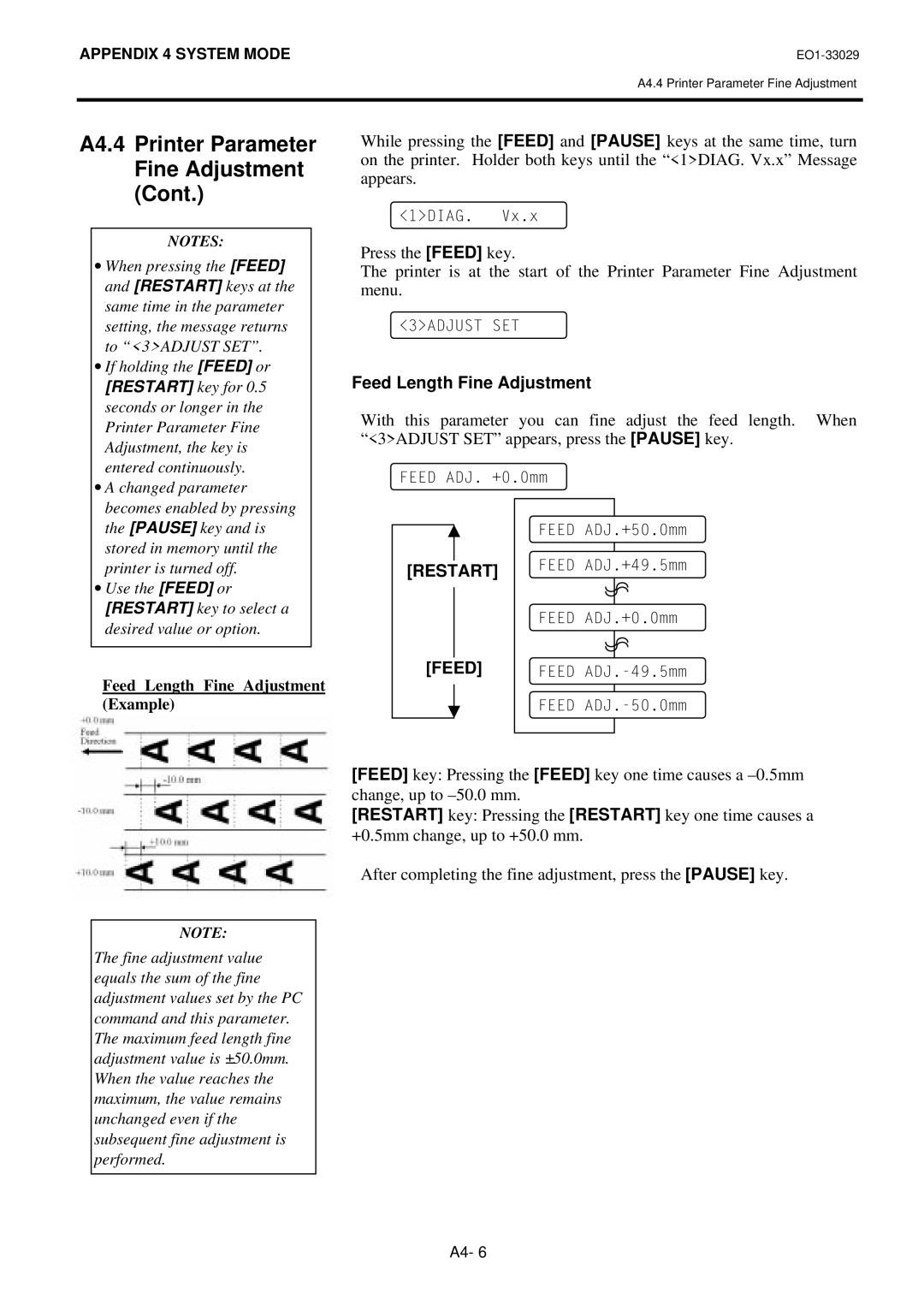 Toshiba B-850 owner manual Feed Length Fine Adjustment, Restart Feed 