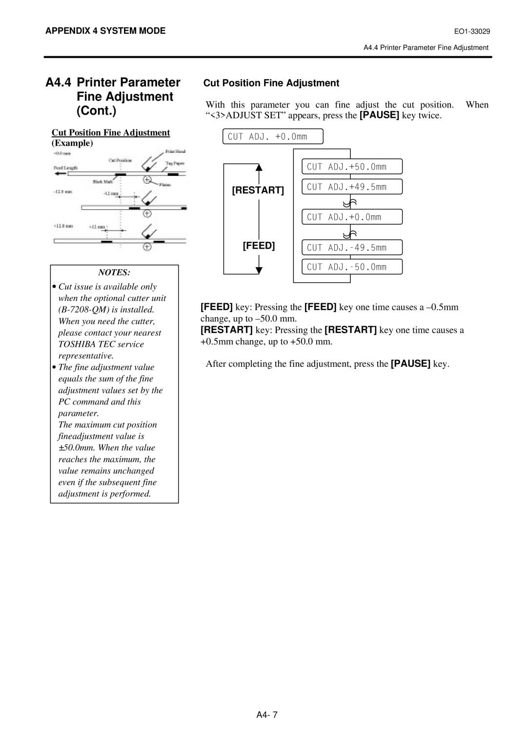 Toshiba B-850 owner manual Cut Position Fine Adjustment 