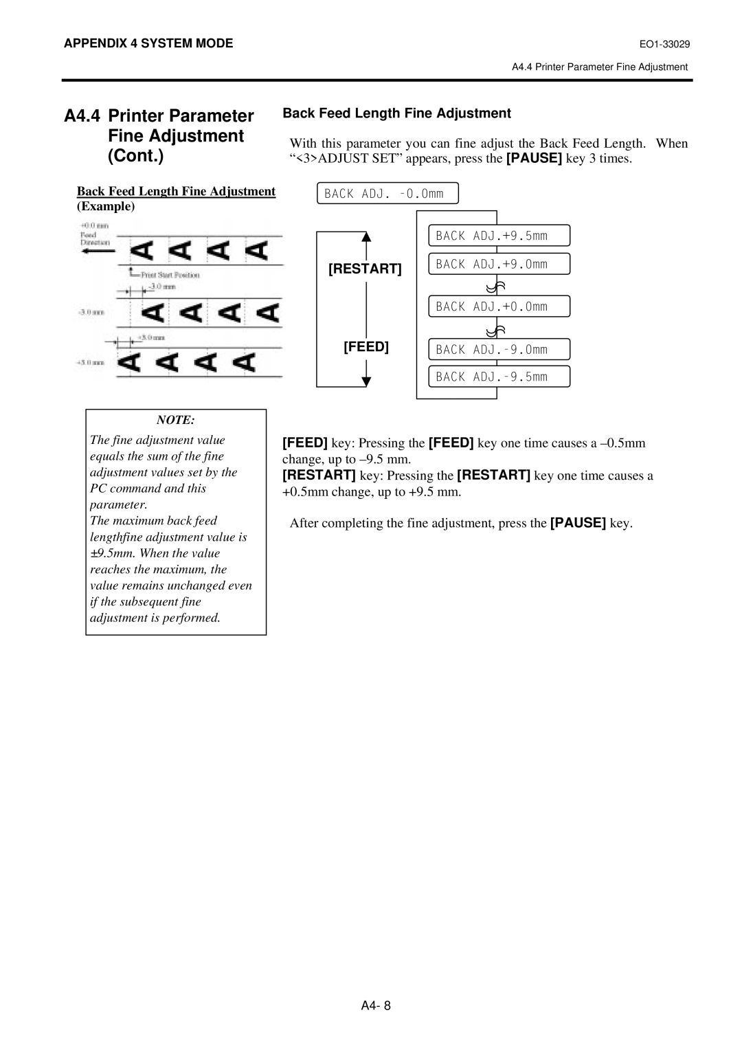 Toshiba B-850 owner manual Back Feed Length Fine Adjustment 