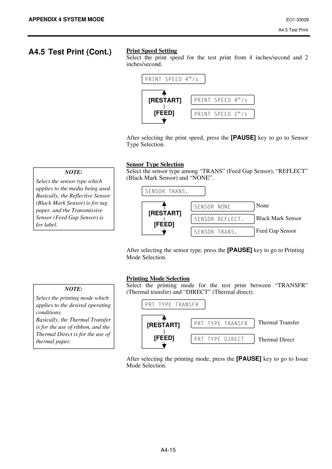 Toshiba B-850 owner manual Print Speed Setting, Sensor Type Selection, Printing Mode Selection 