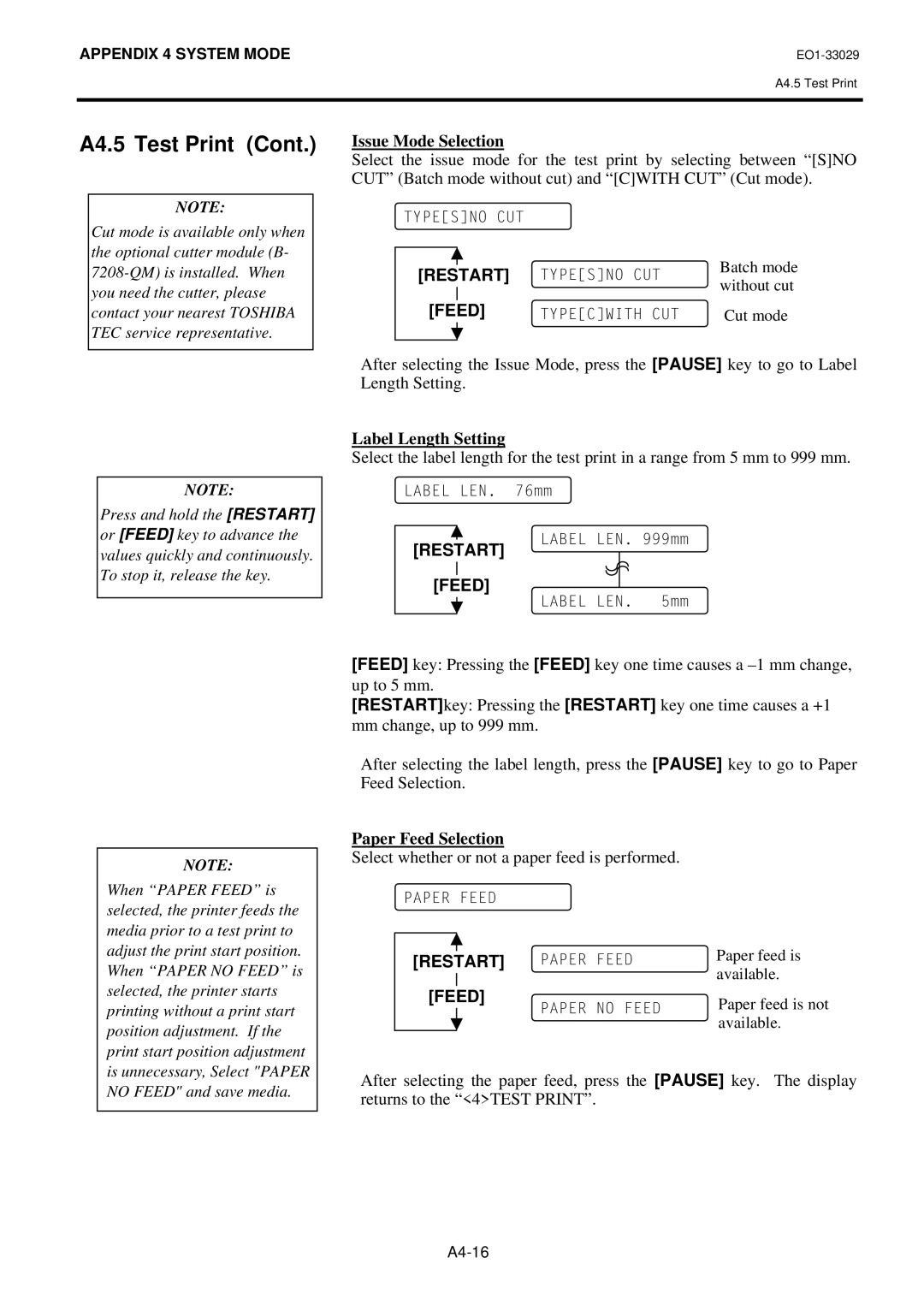 Toshiba B-850 owner manual Issue Mode Selection, Label Length Setting, Paper Feed Selection 