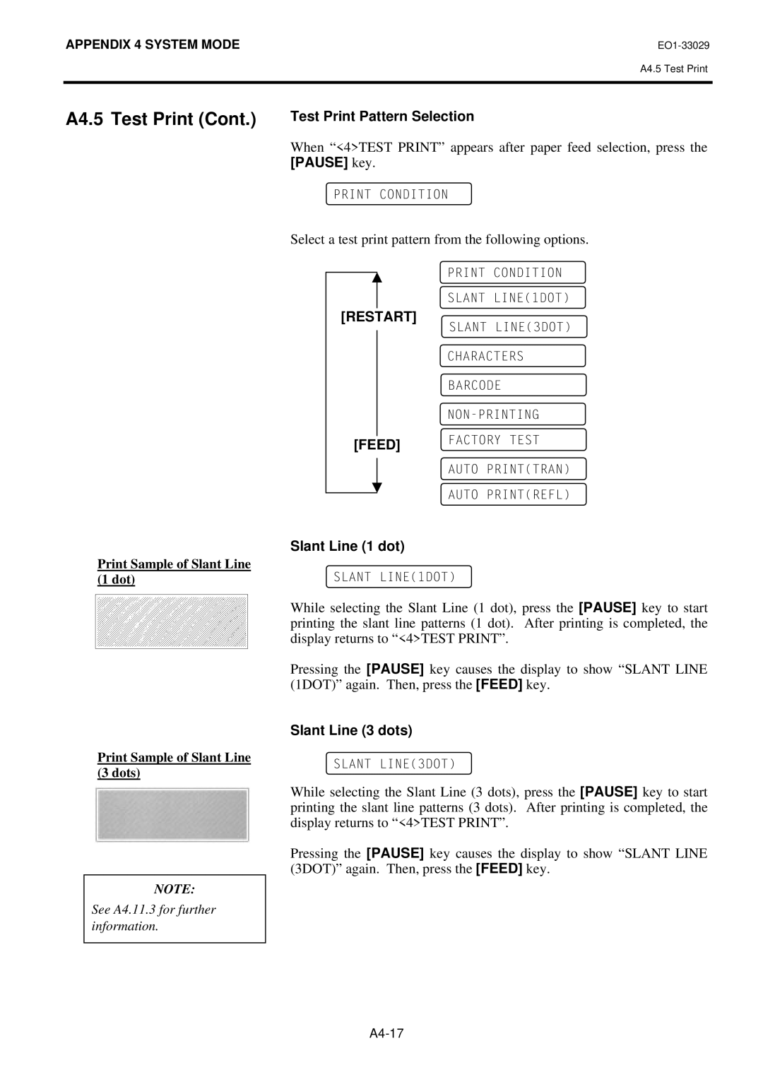 Toshiba B-850 owner manual Test Print Pattern Selection, Pause key, Slant Line 1 dot, Slant Line 3 dots 