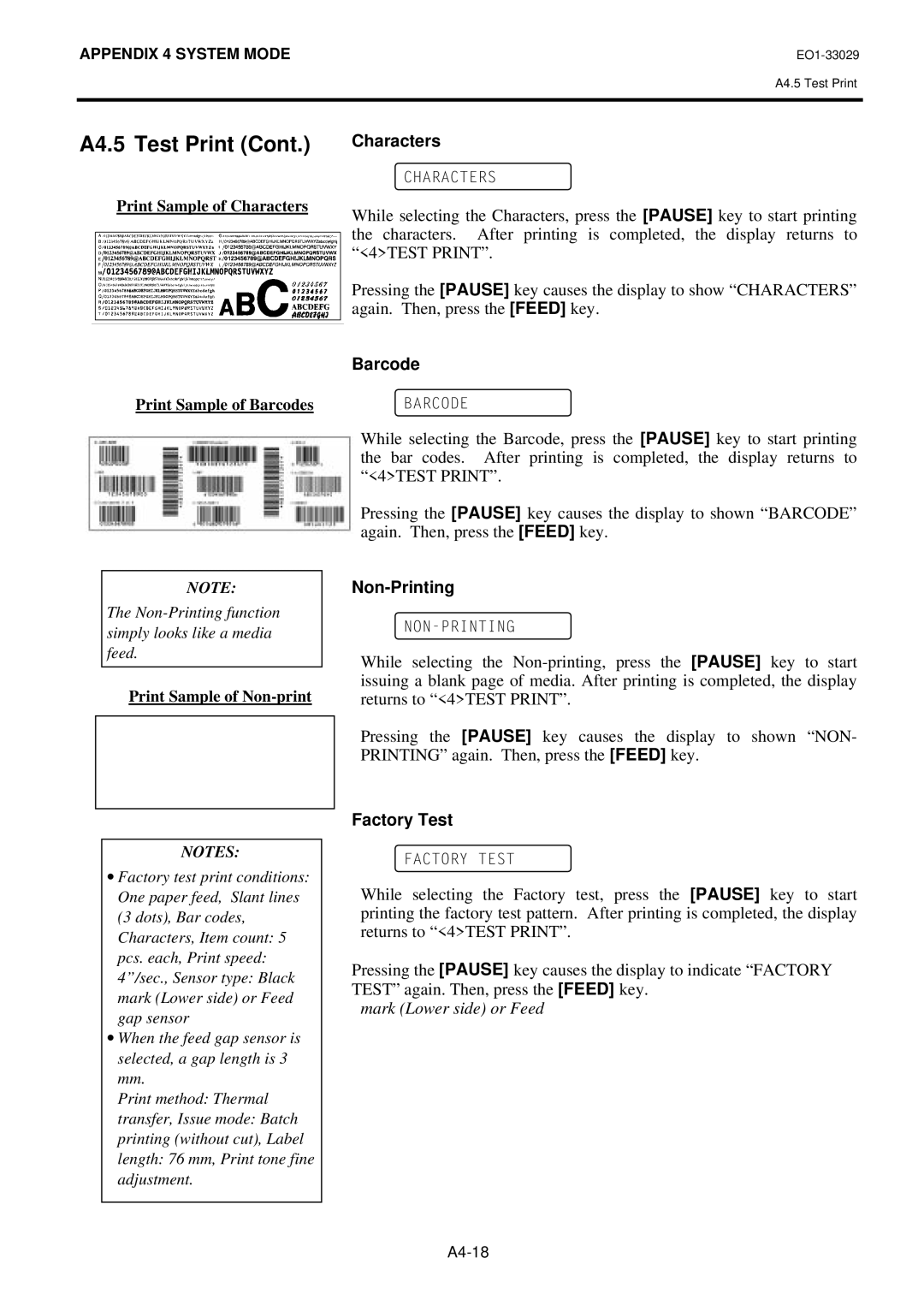 Toshiba B-850 owner manual Characters, Barcode, Non-Printing, Factory Test 