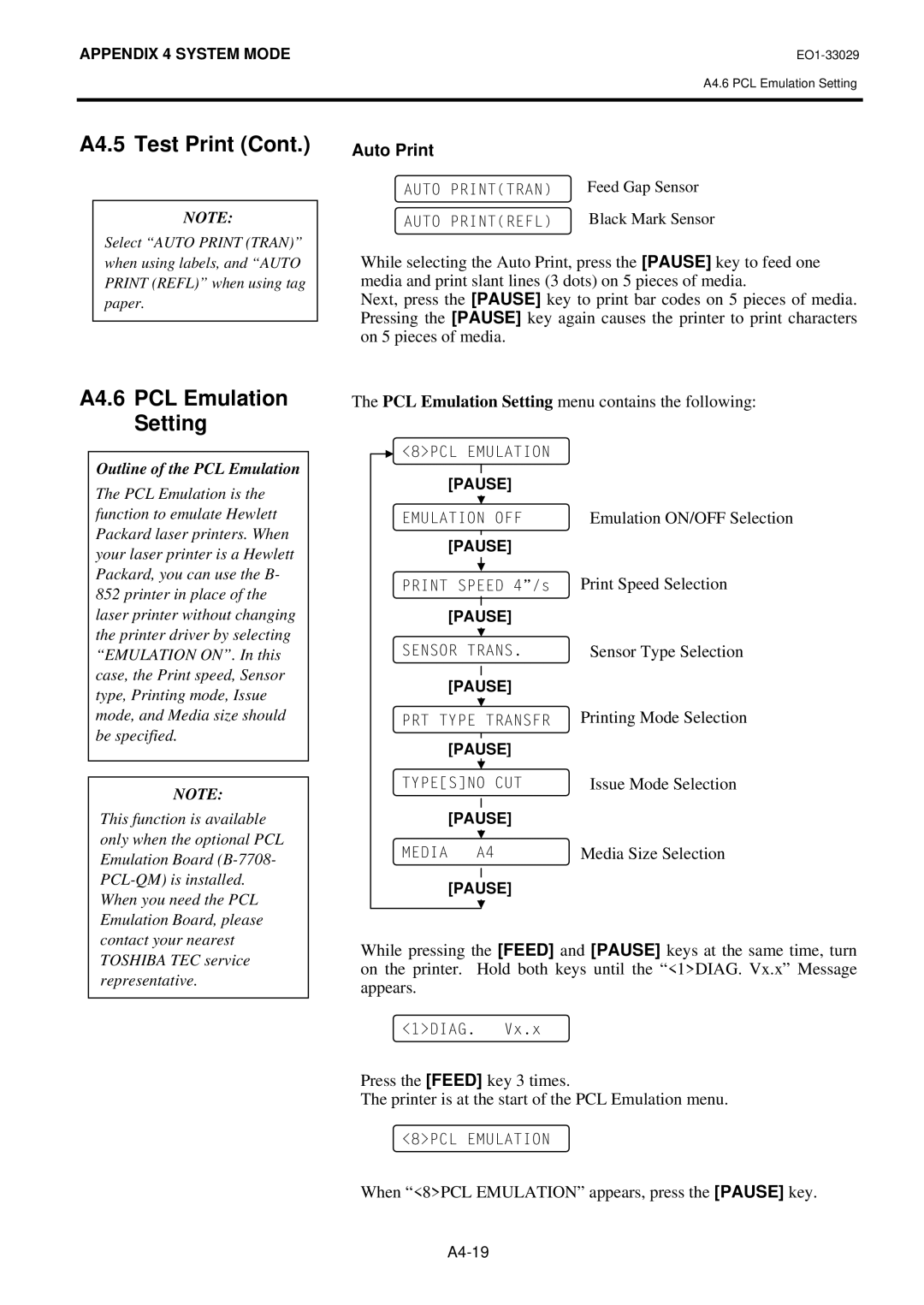 Toshiba B-850 owner manual A4.6 PCL Emulation Setting, Auto Print 