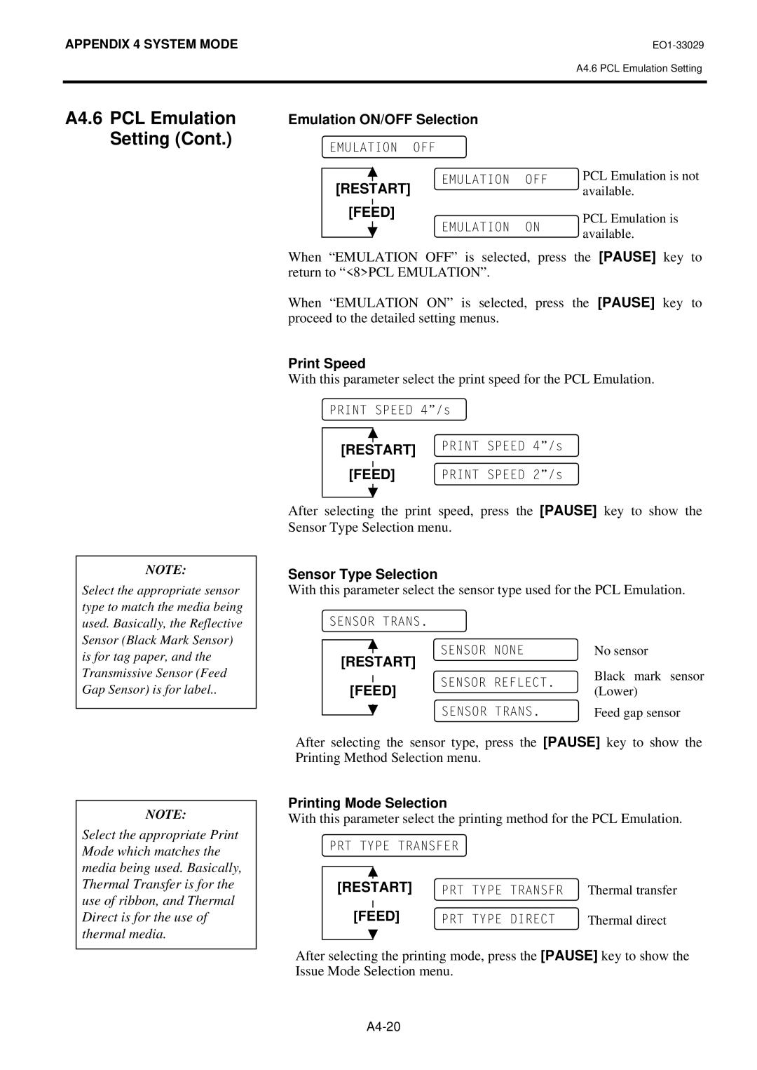 Toshiba B-850 owner manual Emulation ON/OFF Selection, Print Speed, Sensor Type Selection 