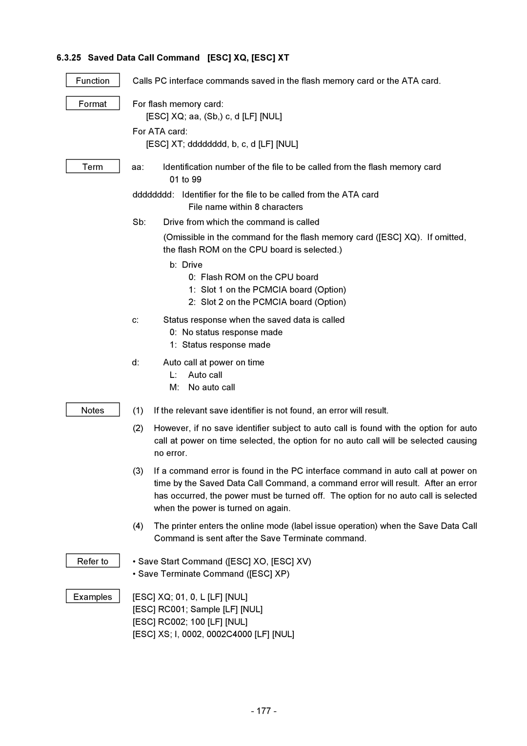 Toshiba B-850 manual Saved Data Call Command ESC XQ, ESC XT 