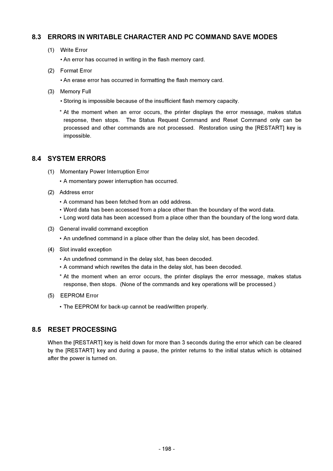 Toshiba B-850 manual Errors in Writable Character and PC Command Save Modes 