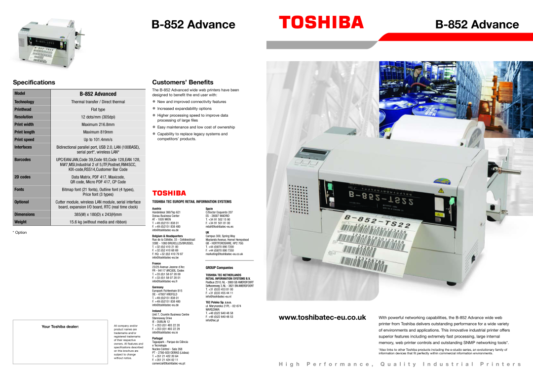 Toshiba B-852 Advance specifications Specifications, Customers’ Benefits 