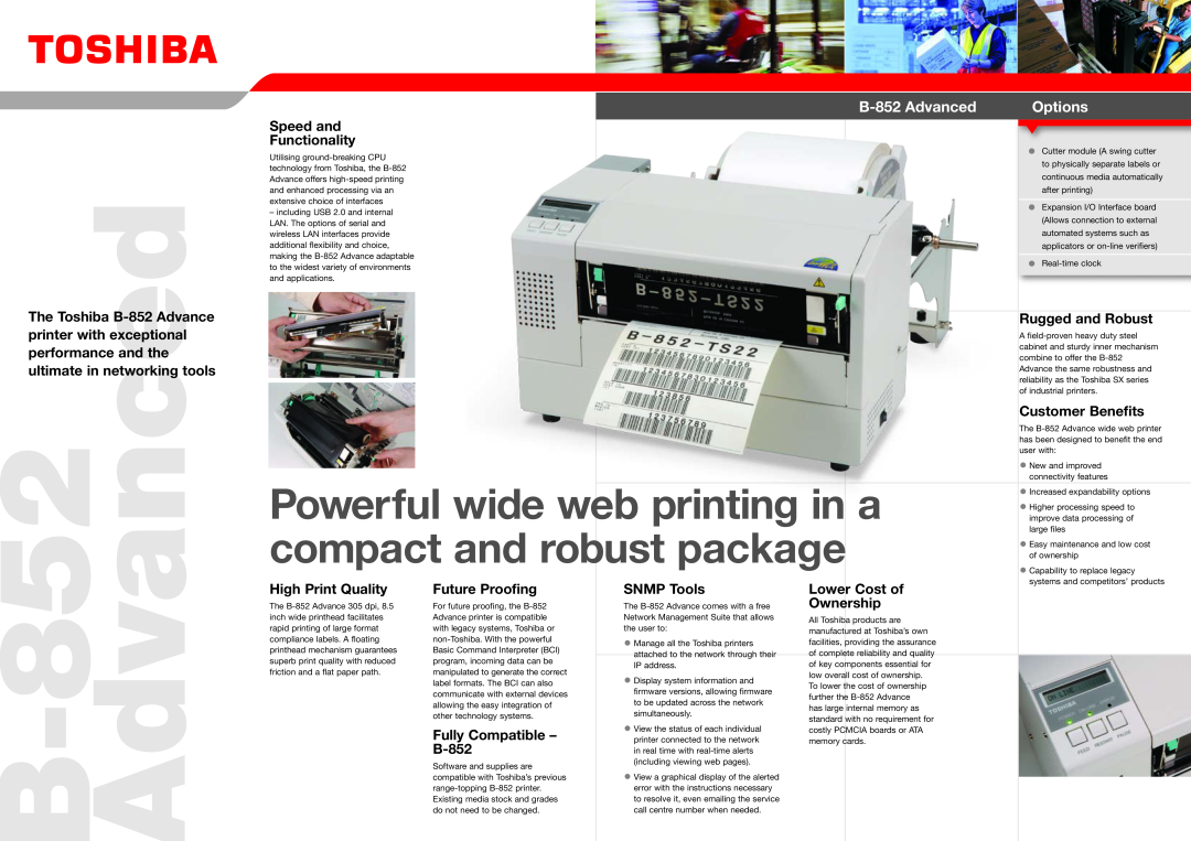 Toshiba specifications 852-B, compact and robust package, Powerful wide web printing in, B-852 Advanced, Options 