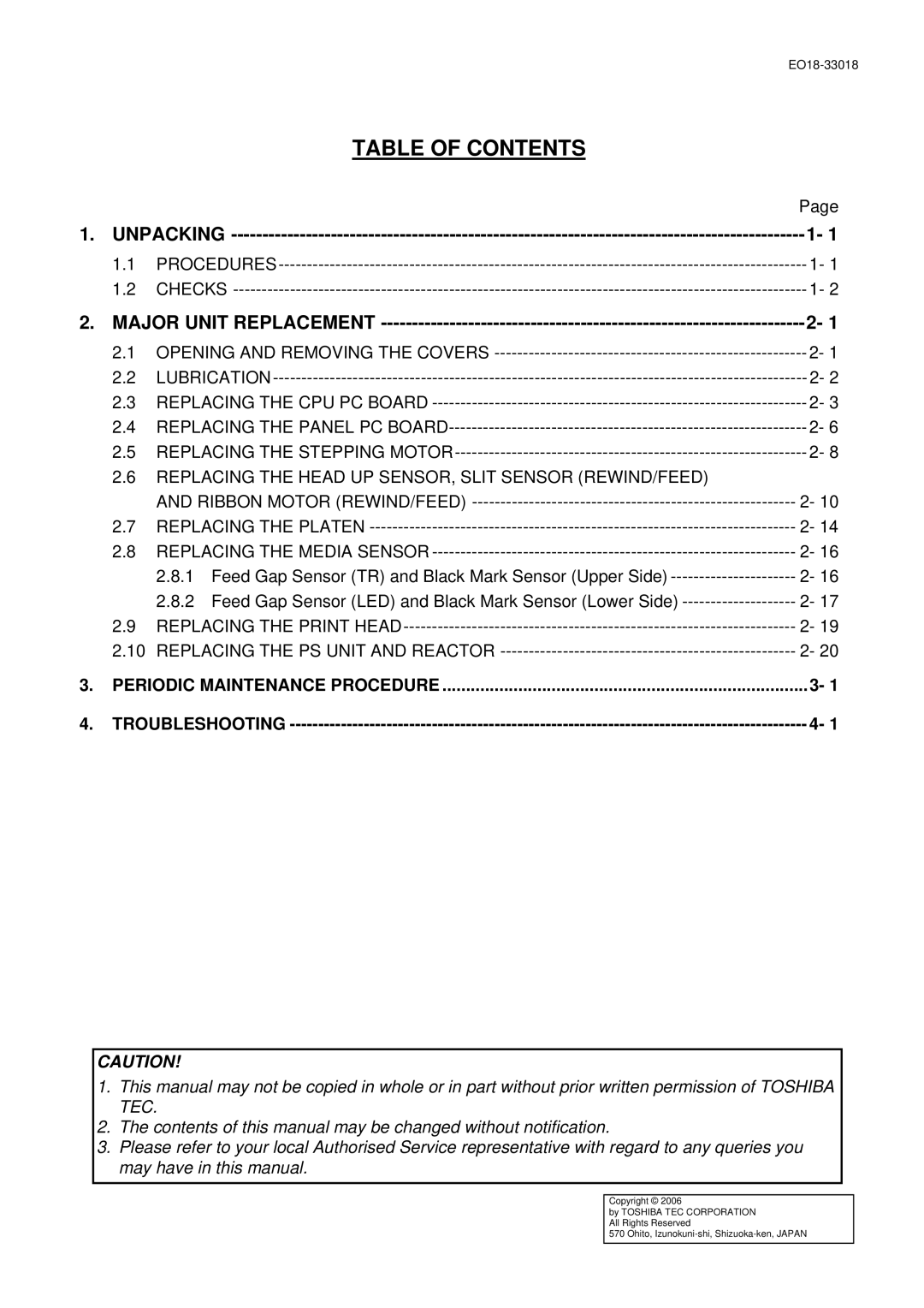 Toshiba B-852-R manual Table of Contents 