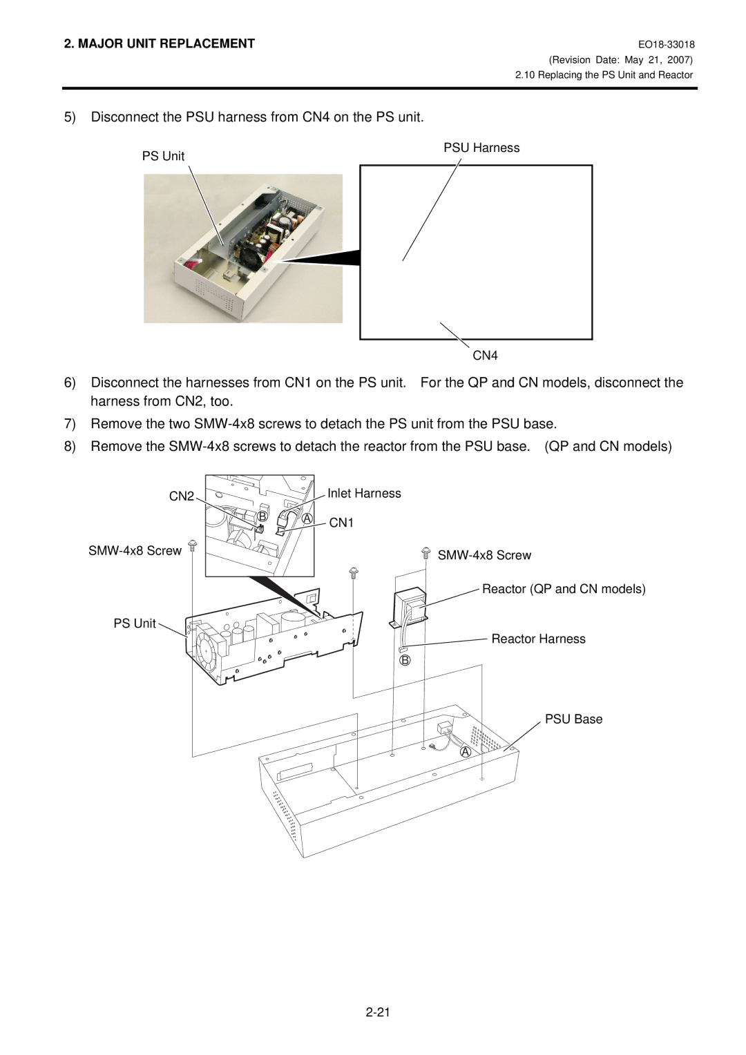 Toshiba B-852-R manual Disconnect the PSU harness from CN4 on the PS unit 