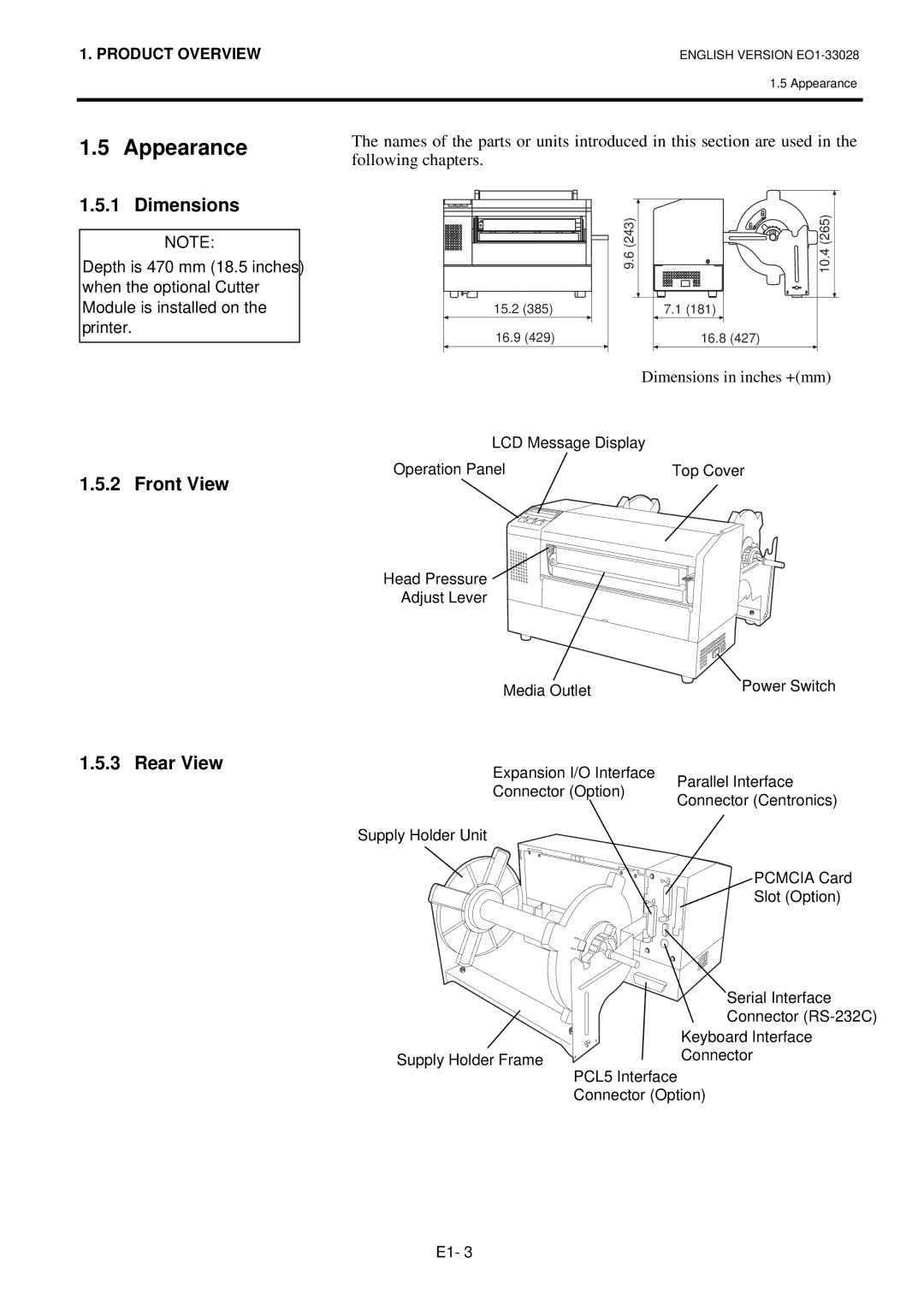 Toshiba B-852-TS12-QP owner manual Appearance, Dimensions, Front View, Rear View 