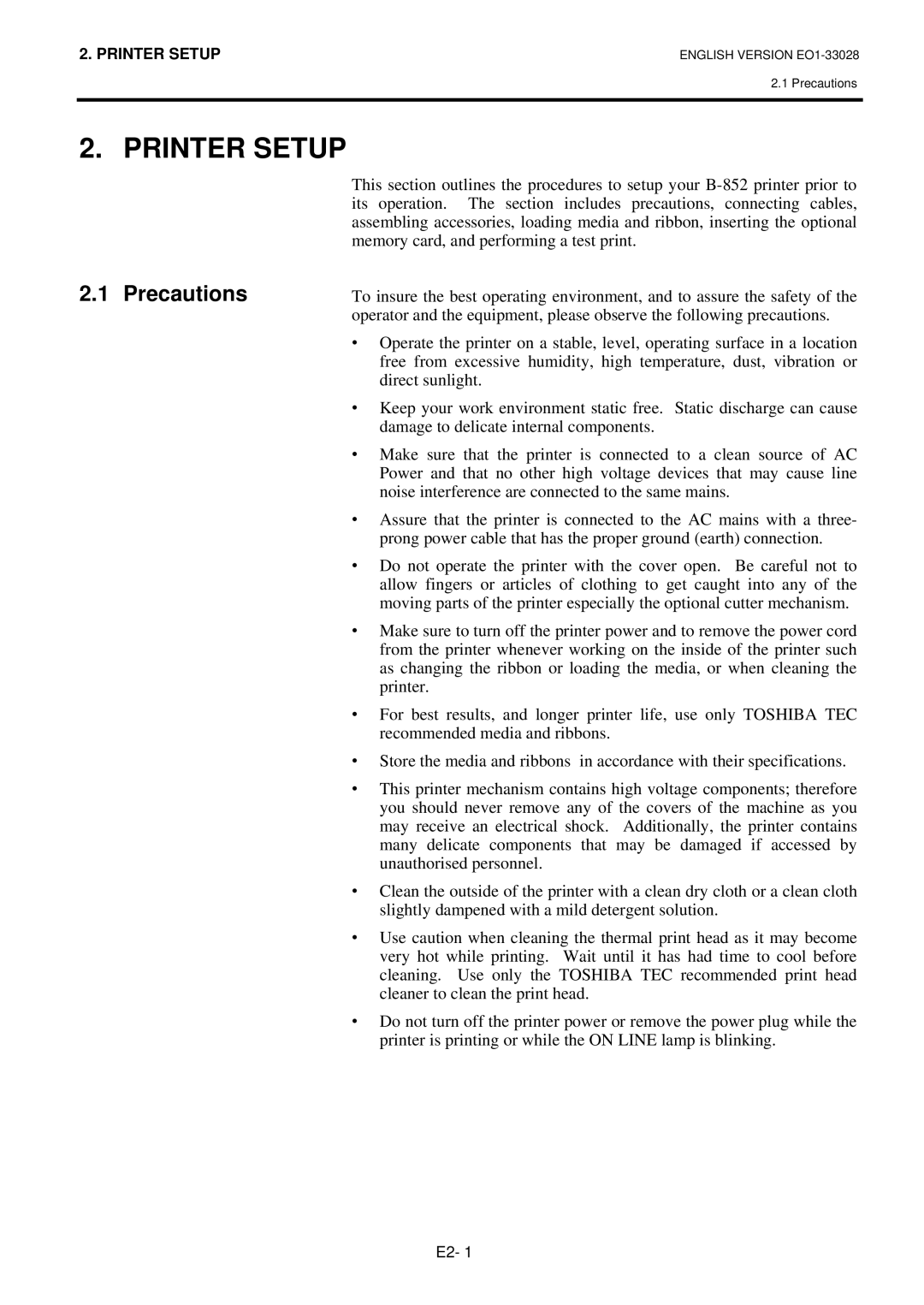 Toshiba B-852-TS12-QP owner manual Printer Setup, Precautions 