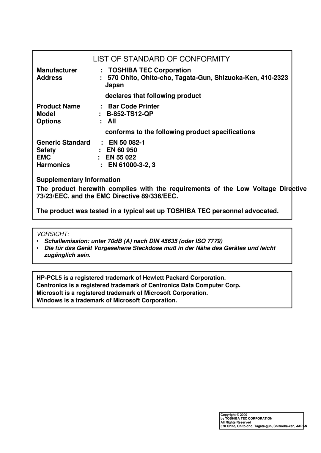 Toshiba B-852-TS12-QP owner manual List of Standard of Conformity 