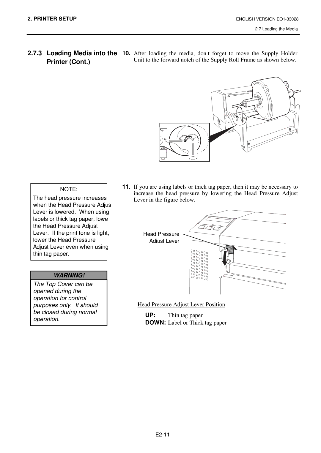 Toshiba B-852-TS12-QP owner manual Head Pressure Adjust Lever 