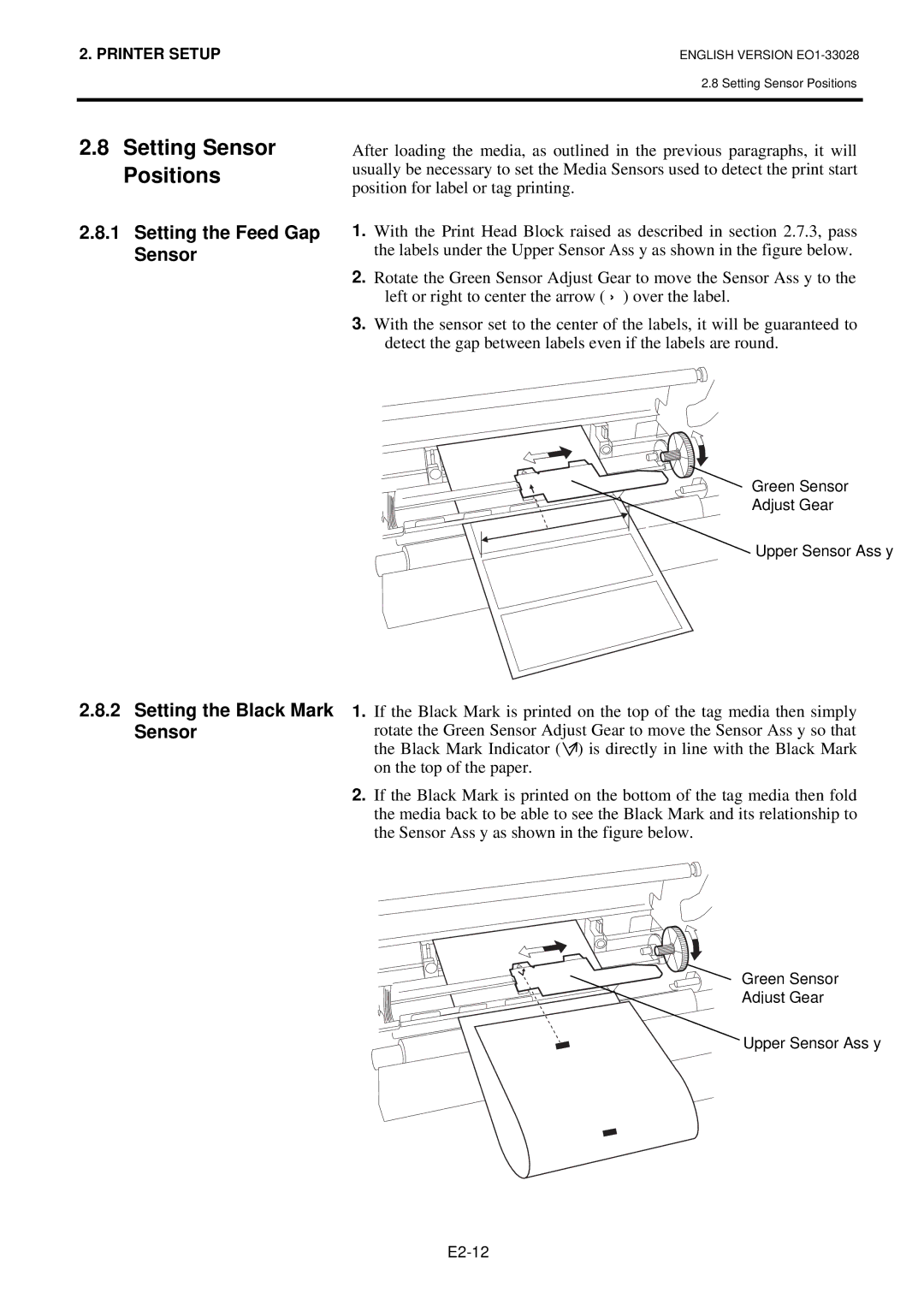 Toshiba B-852-TS12-QP owner manual Setting the Feed Gap Sensor, Setting the Black Mark Sensor 