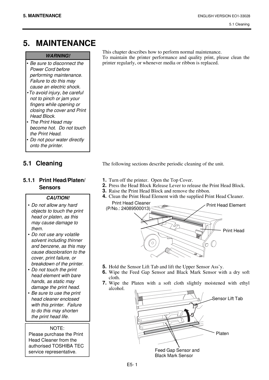 Toshiba B-852-TS12-QP owner manual Maintenance, Cleaning, Print Head/Platen/ Sensors 