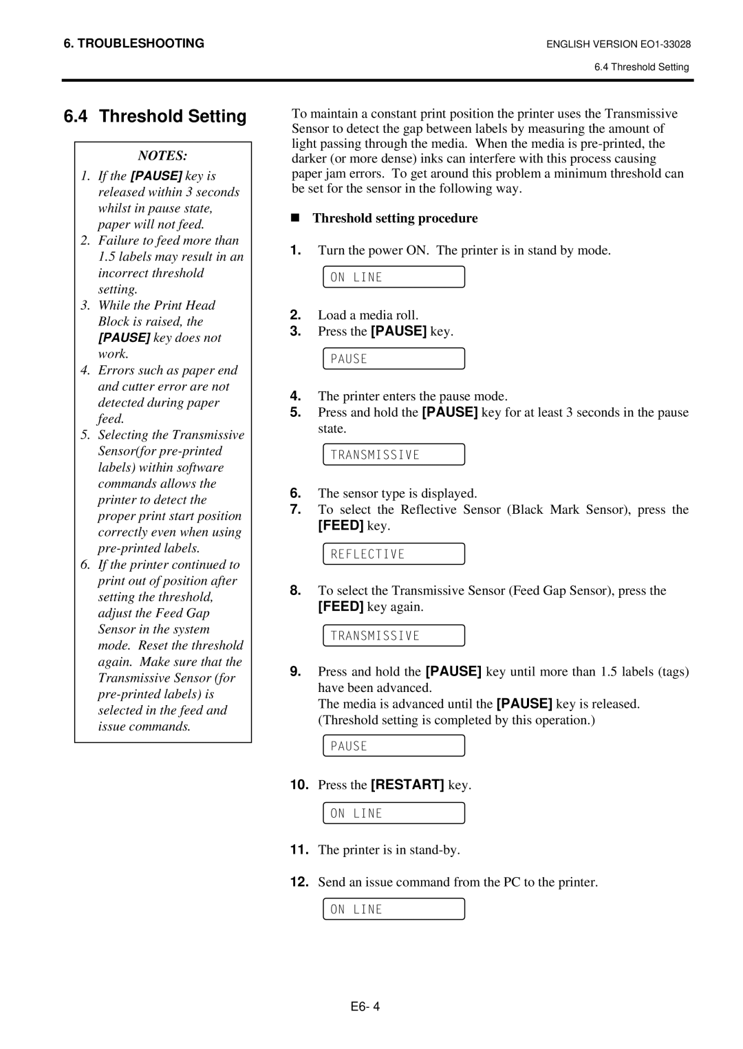 Toshiba B-852-TS12-QP owner manual Threshold Setting, Feed key 