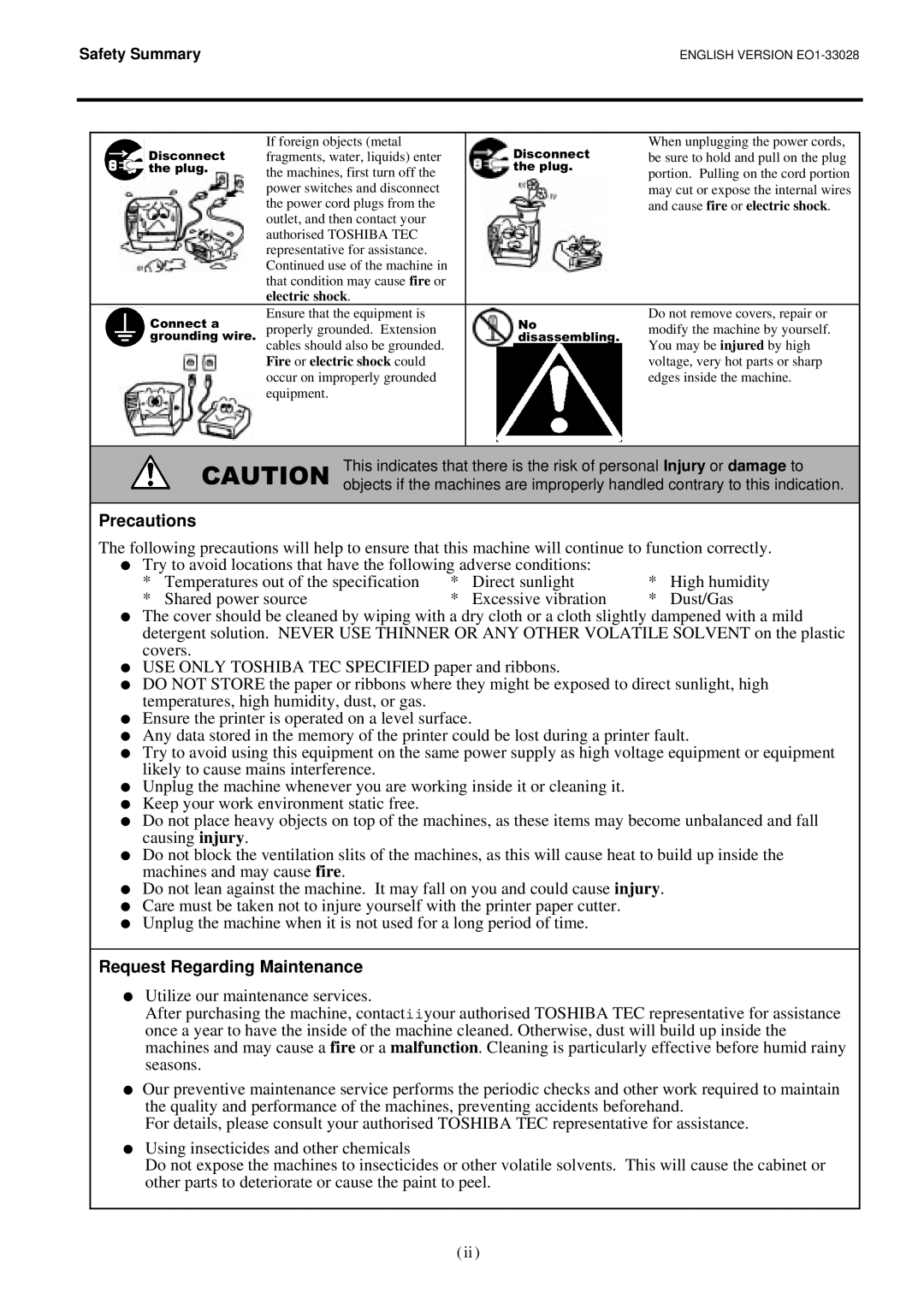 Toshiba B-852-TS12-QP owner manual Precautions, Request Regarding Maintenance 