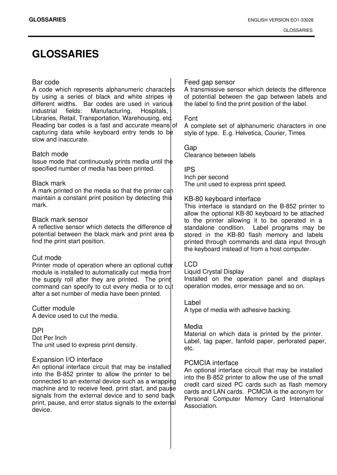 Toshiba B-852-TS12-QP owner manual Glossaries, Bar code 