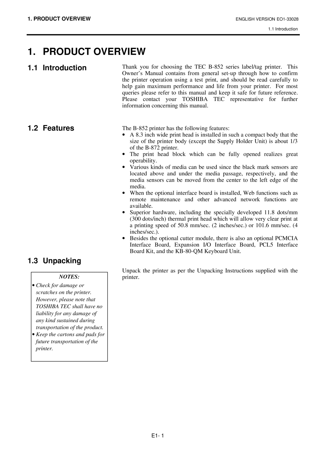 Toshiba B-852-TS12-QP owner manual Product Overview, Introduction Features, Unpacking 