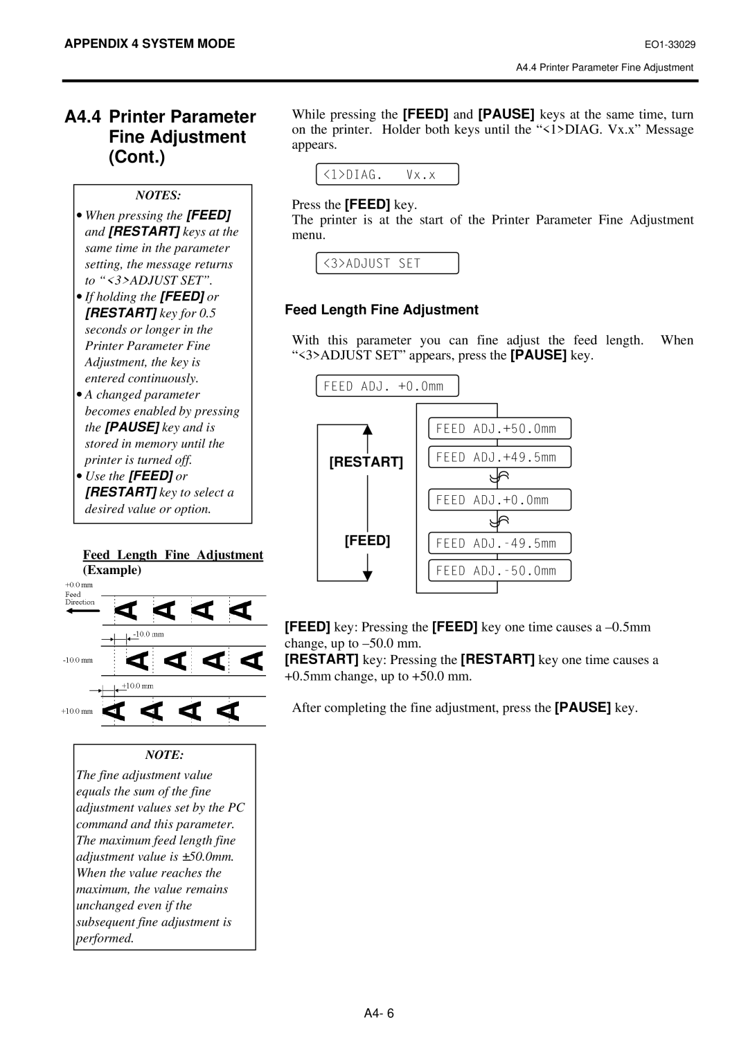 Toshiba B-852-TS12-QQ owner manual Feed Length Fine Adjustment, Restart Feed 