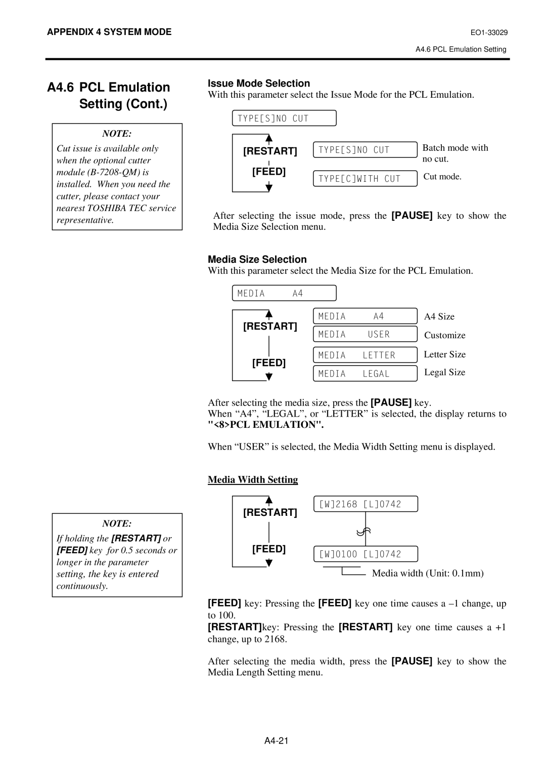 Toshiba B-852-TS12-QQ owner manual Issue Mode Selection, Media Size Selection, Media Width Setting 