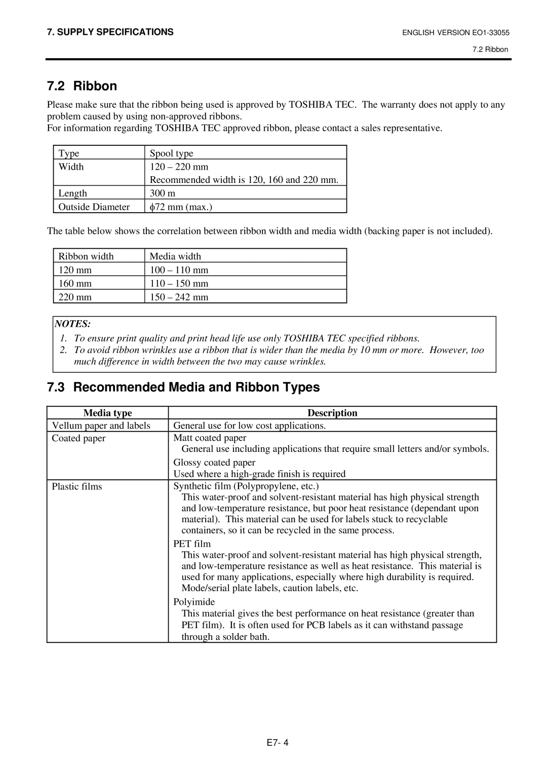 Toshiba B-852 owner manual Recommended Media and Ribbon Types, Media type Description 