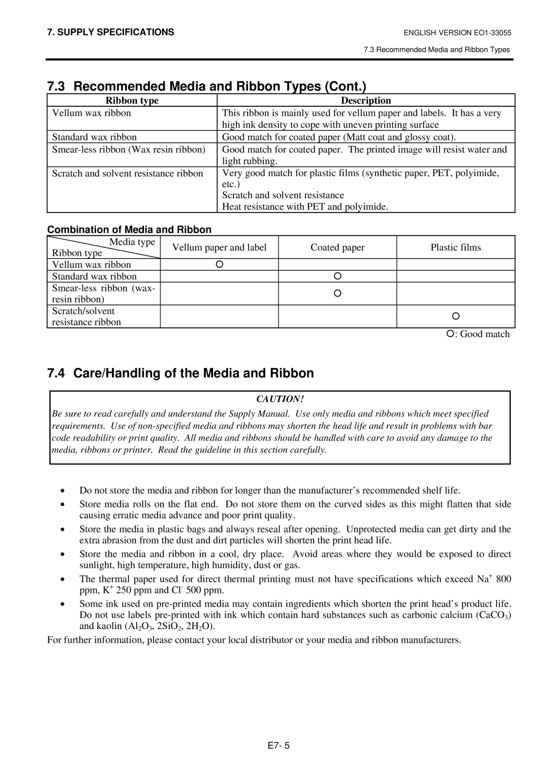 Toshiba B-852 owner manual Care/Handling of the Media and Ribbon, Ribbon type Description, Combination of Media and Ribbon 