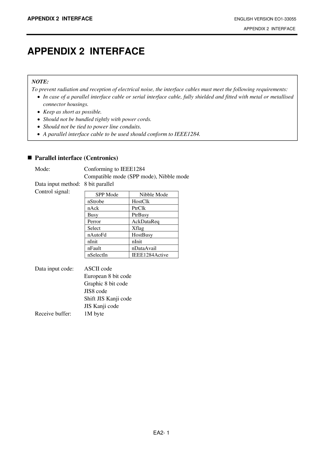 Toshiba B-852 owner manual Appendix 2 Interface, Parallel interface Centronics 