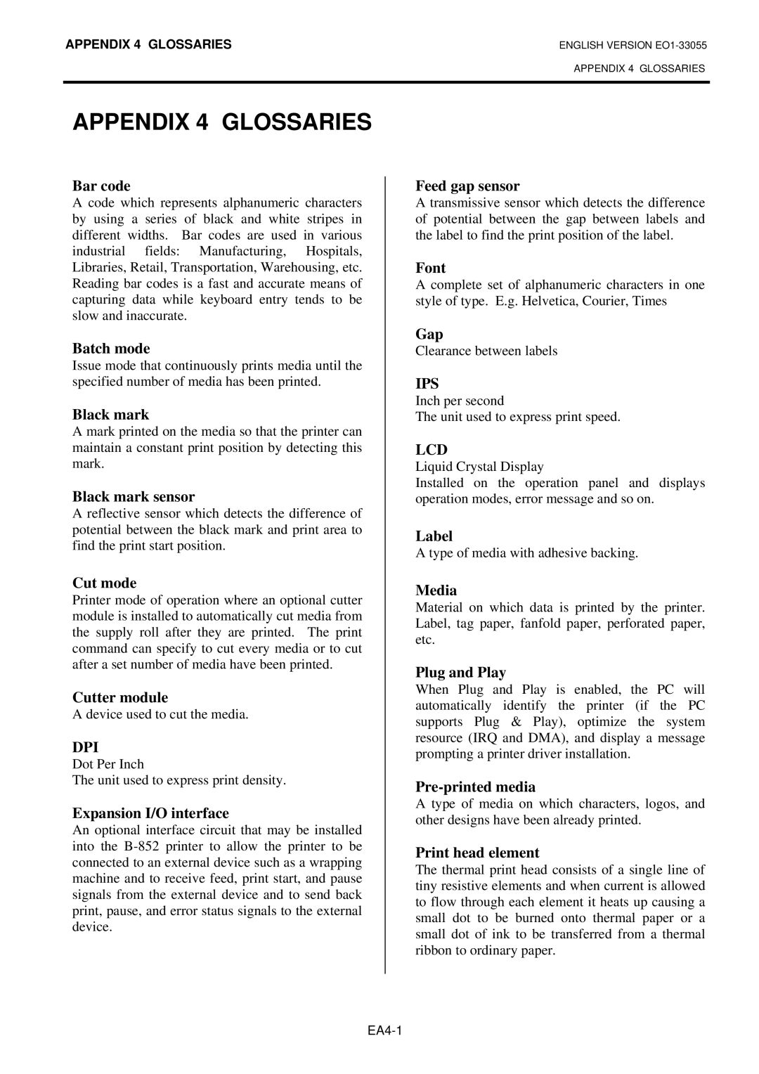 Toshiba B-852 owner manual Appendix 4 Glossaries 