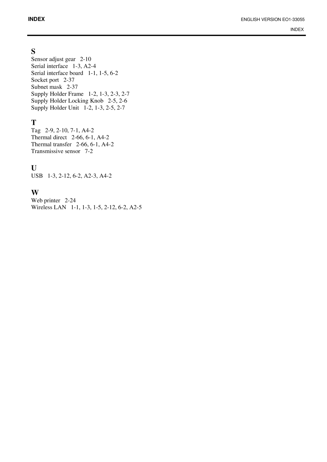 Toshiba B-852 owner manual Index 