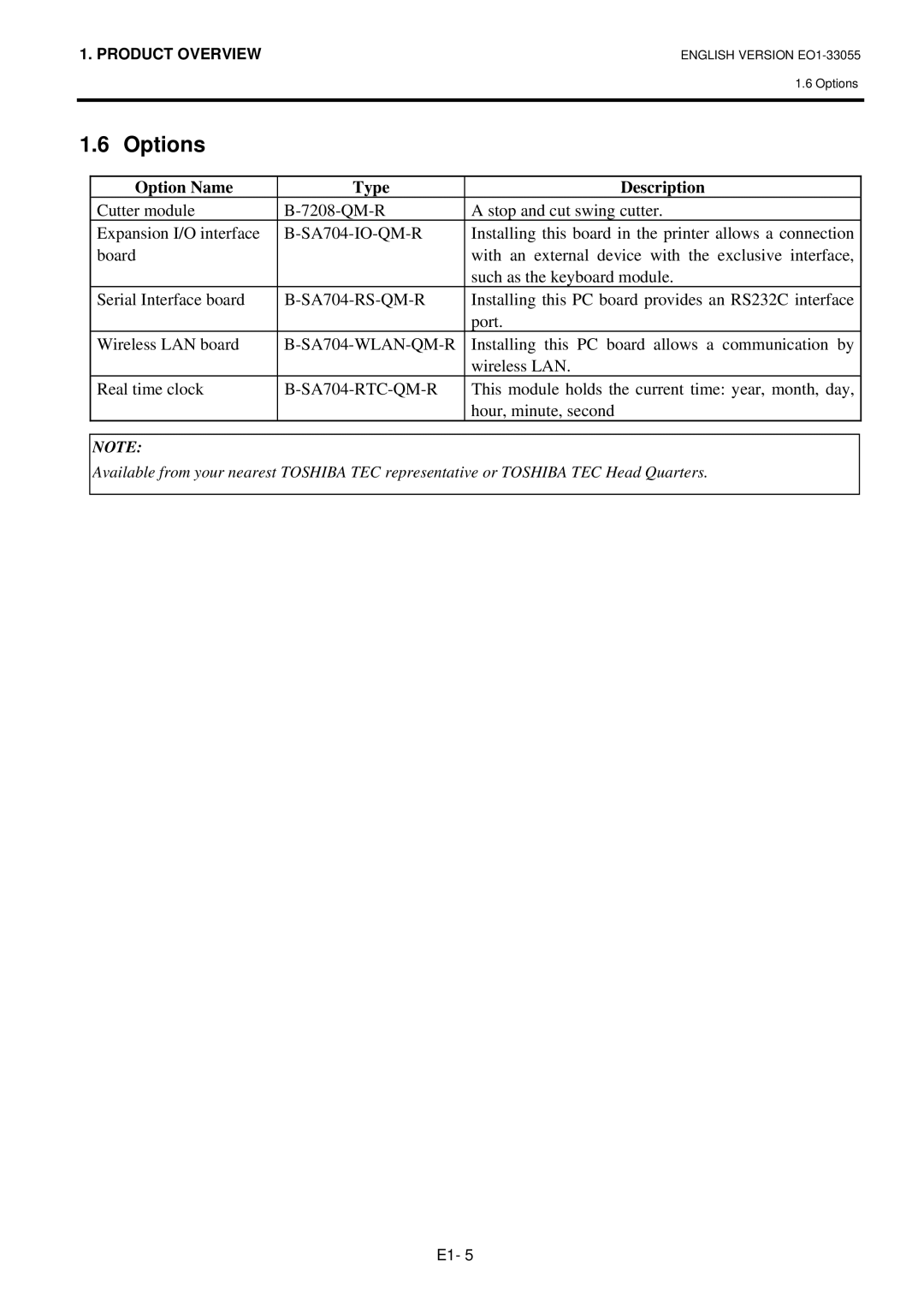 Toshiba B-852 owner manual Options, Option Name Type Description 