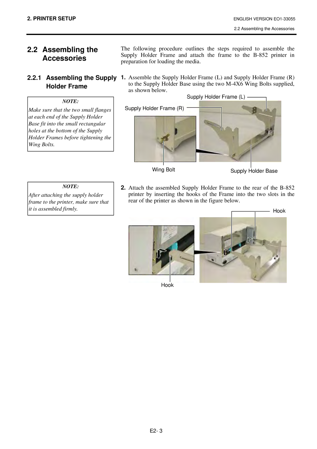 Toshiba B-852 owner manual Assembling the Accessories, Assembling the Supply Holder Frame 