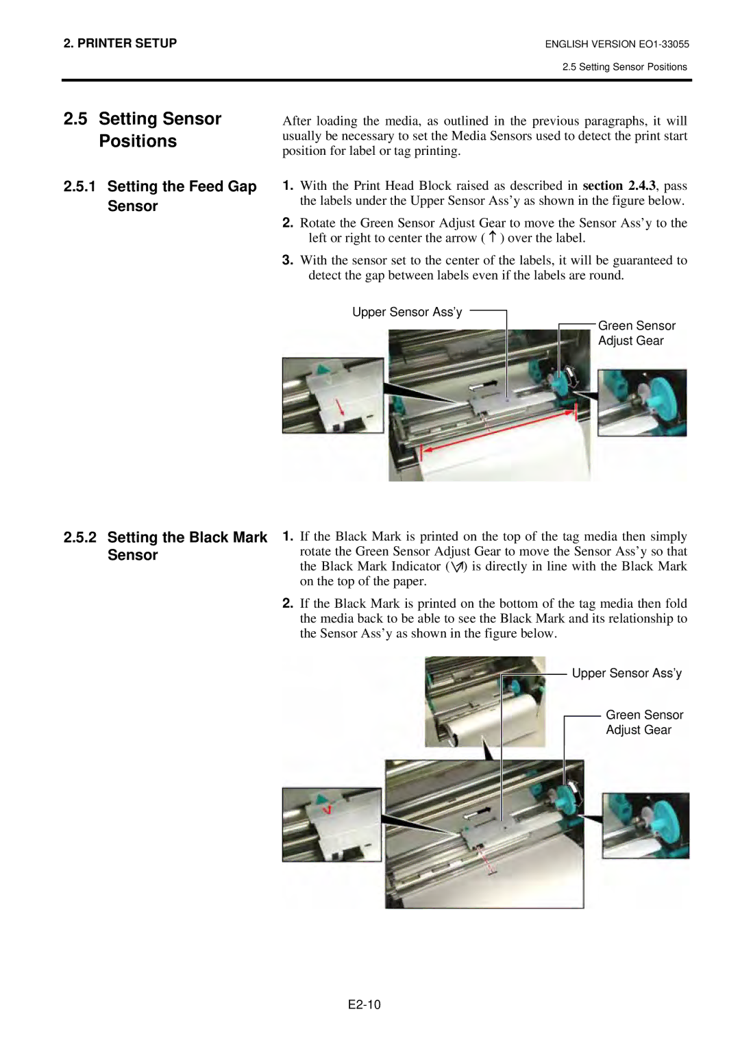 Toshiba B-852 owner manual Setting Sensor Positions, Setting the Feed Gap Sensor, Setting the Black Mark Sensor 