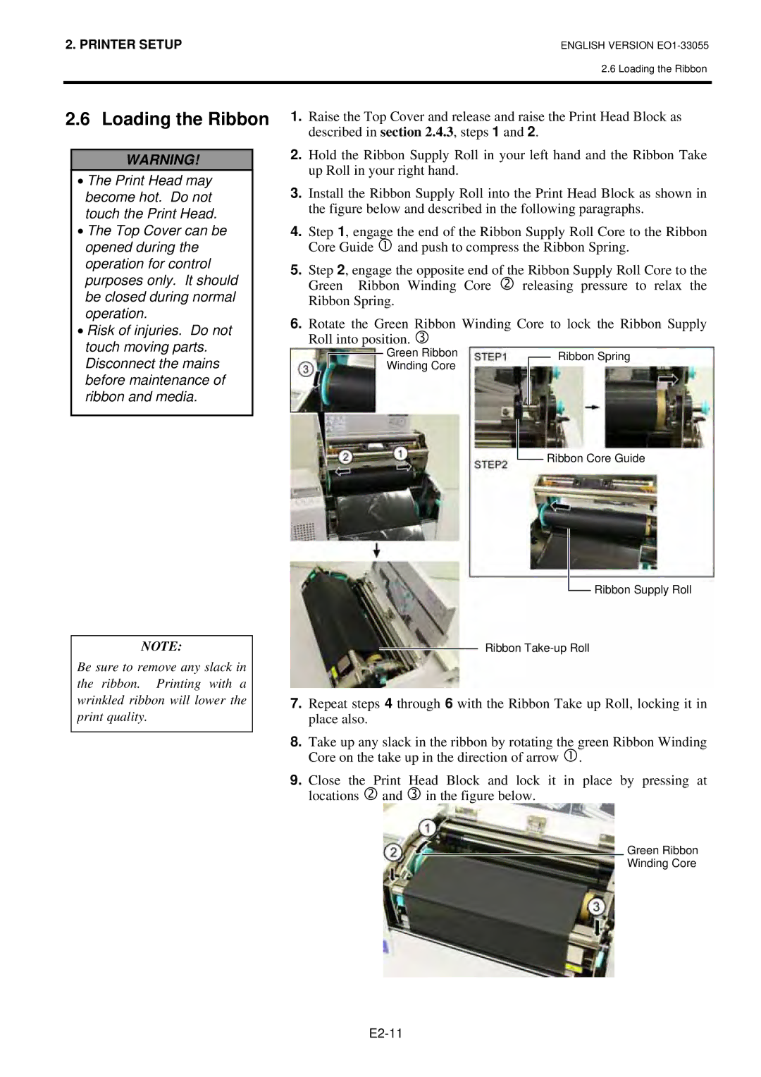 Toshiba B-852 owner manual Loading the Ribbon 