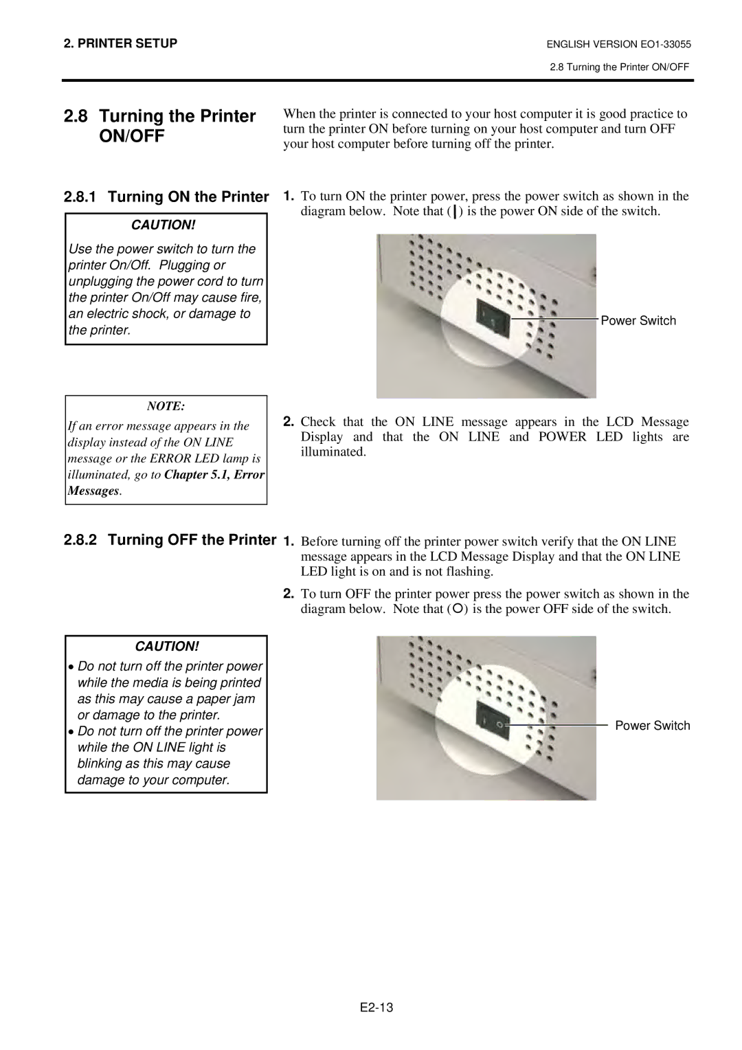 Toshiba B-852 owner manual Turning the Printer, Turning on the Printer 