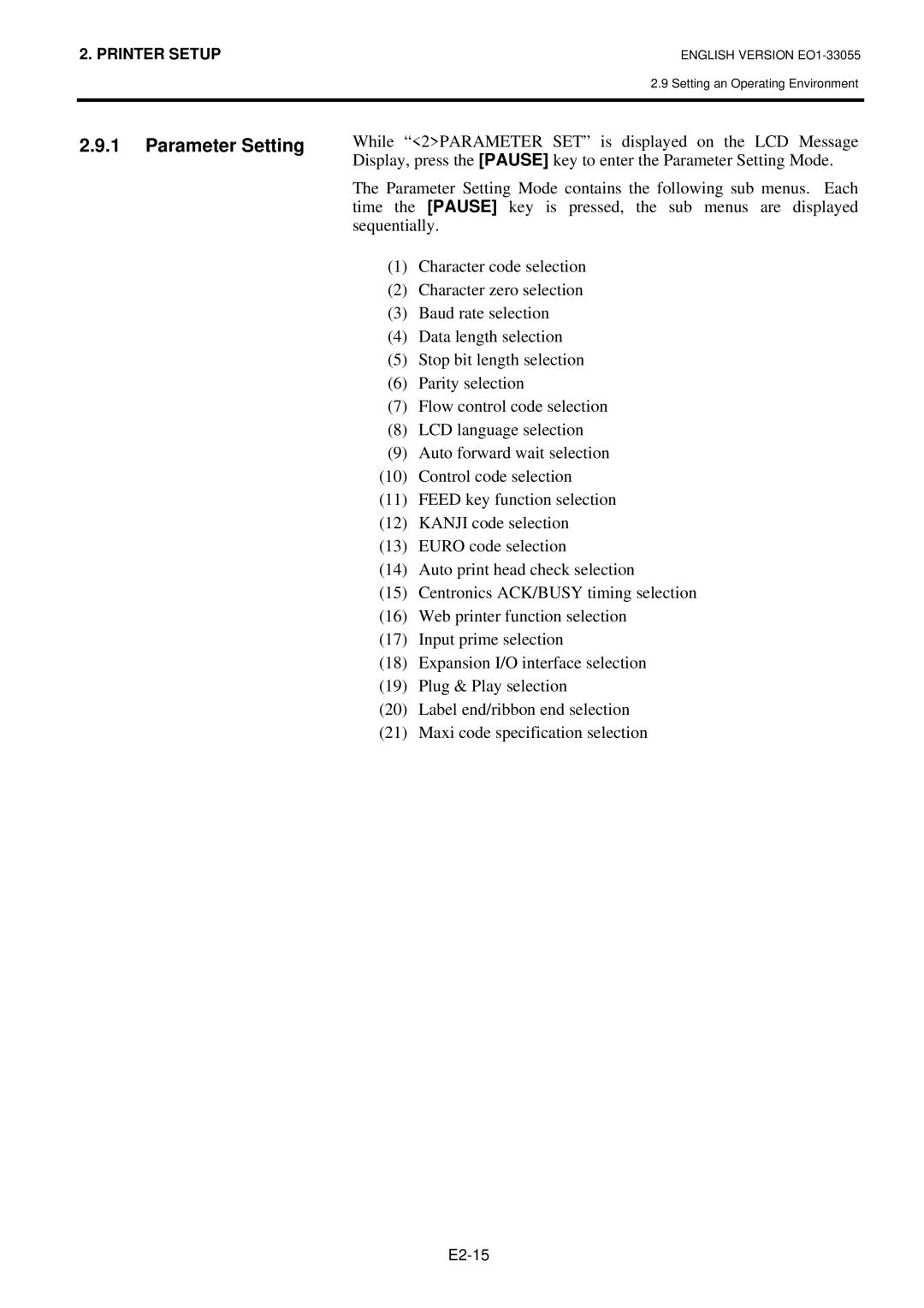 Toshiba B-852 owner manual Parameter Setting, While 2PARAMETER SET is displayed on the LCD Message, Sequentially 