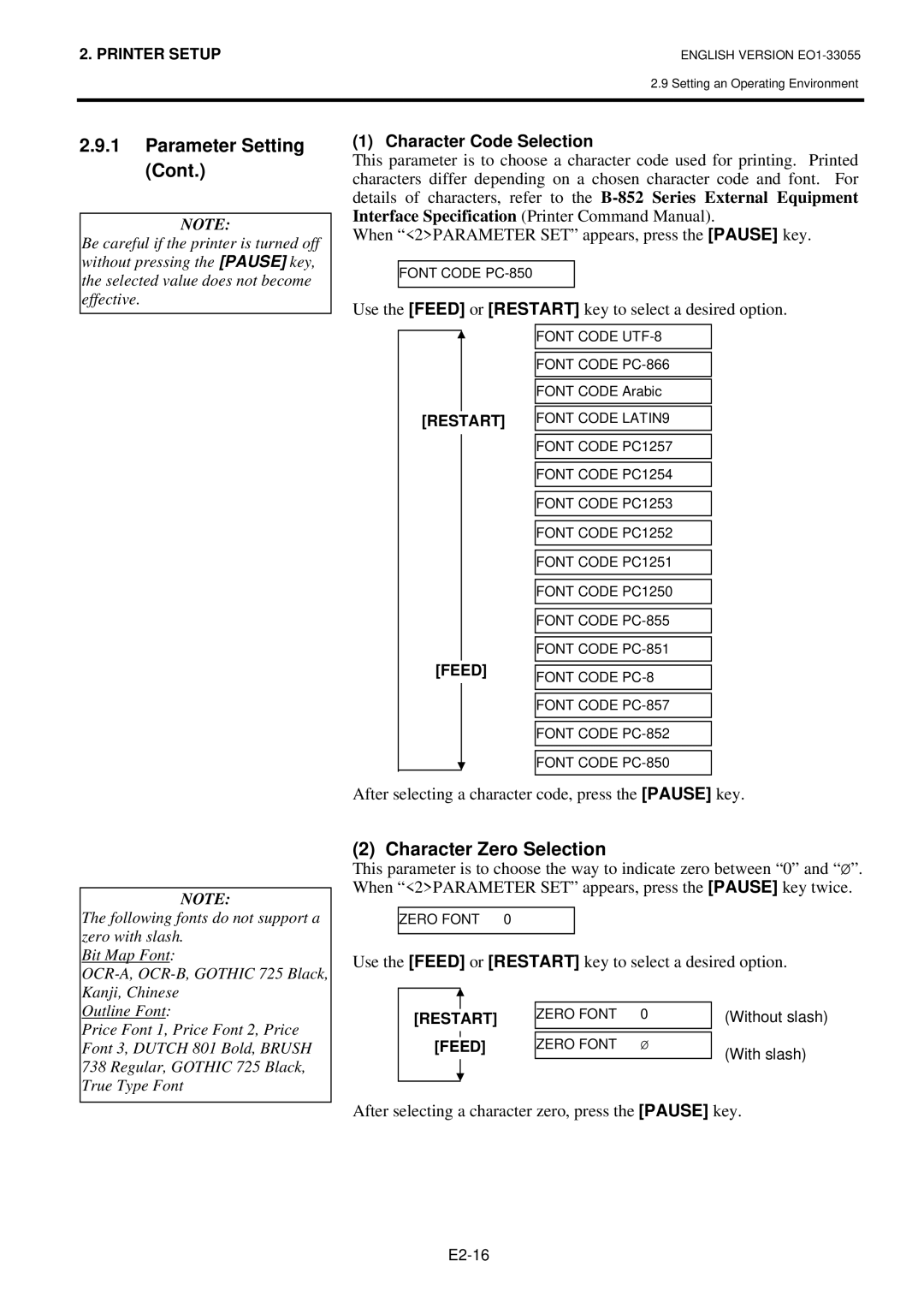 Toshiba B-852 Character Zero Selection, Character Code Selection, Use the Feed or Restart key to select a desired option 